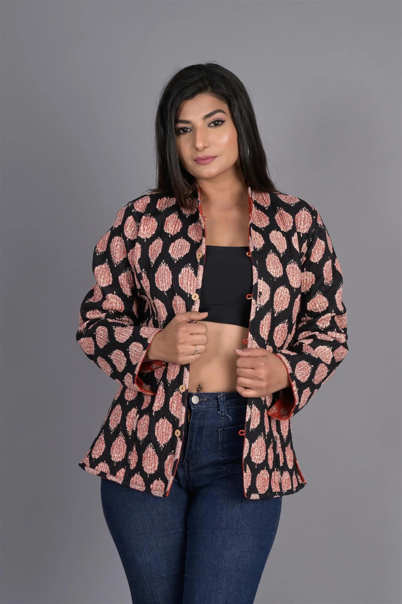 Winter Red And Black Reversible Jaipuri Cotton Quilted Jackets For Women