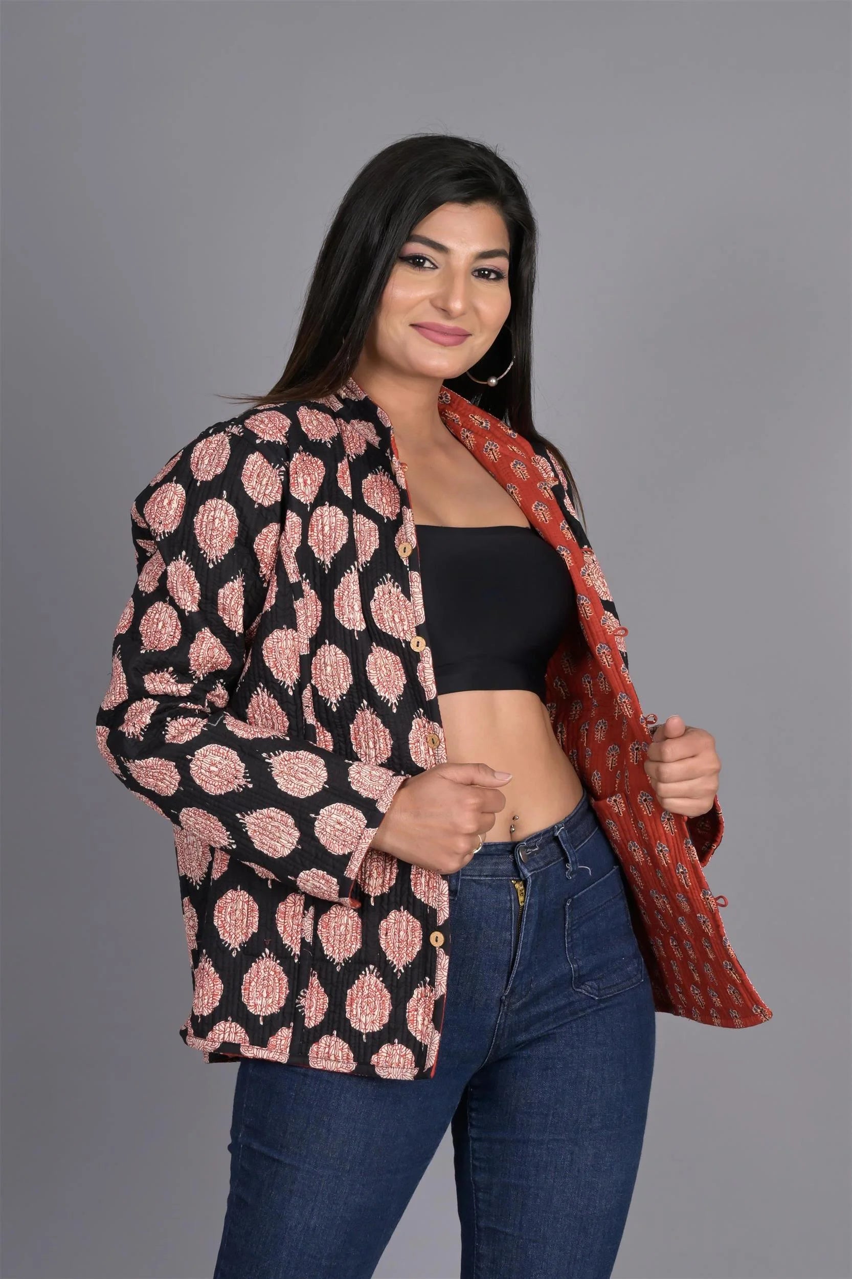 Winter Red And Black Reversible Jaipuri Cotton Quilted Jackets For Women