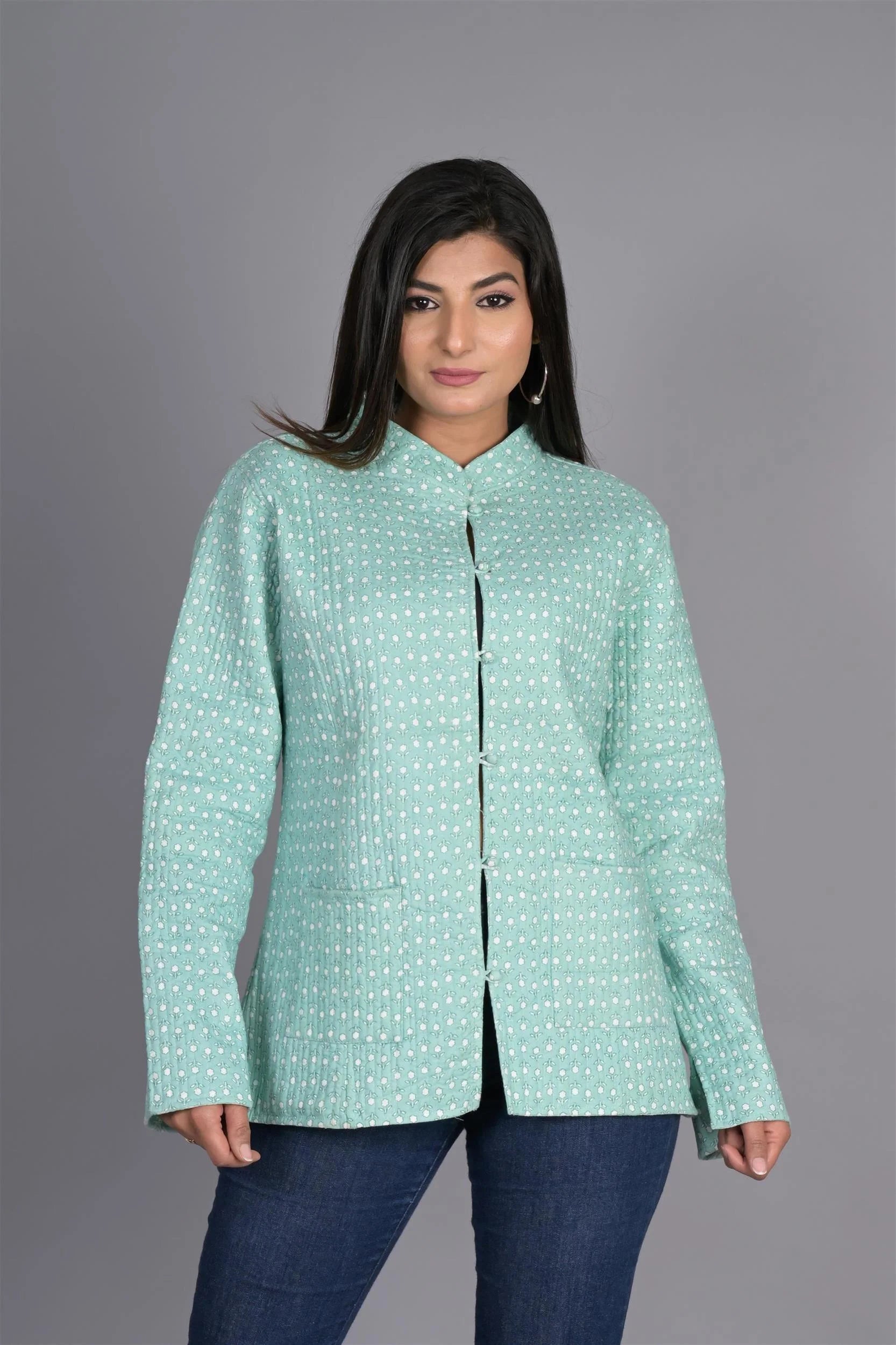 Winter Reversible Light Green Butti Jaipuri Cotton Quilted Jackets For Women