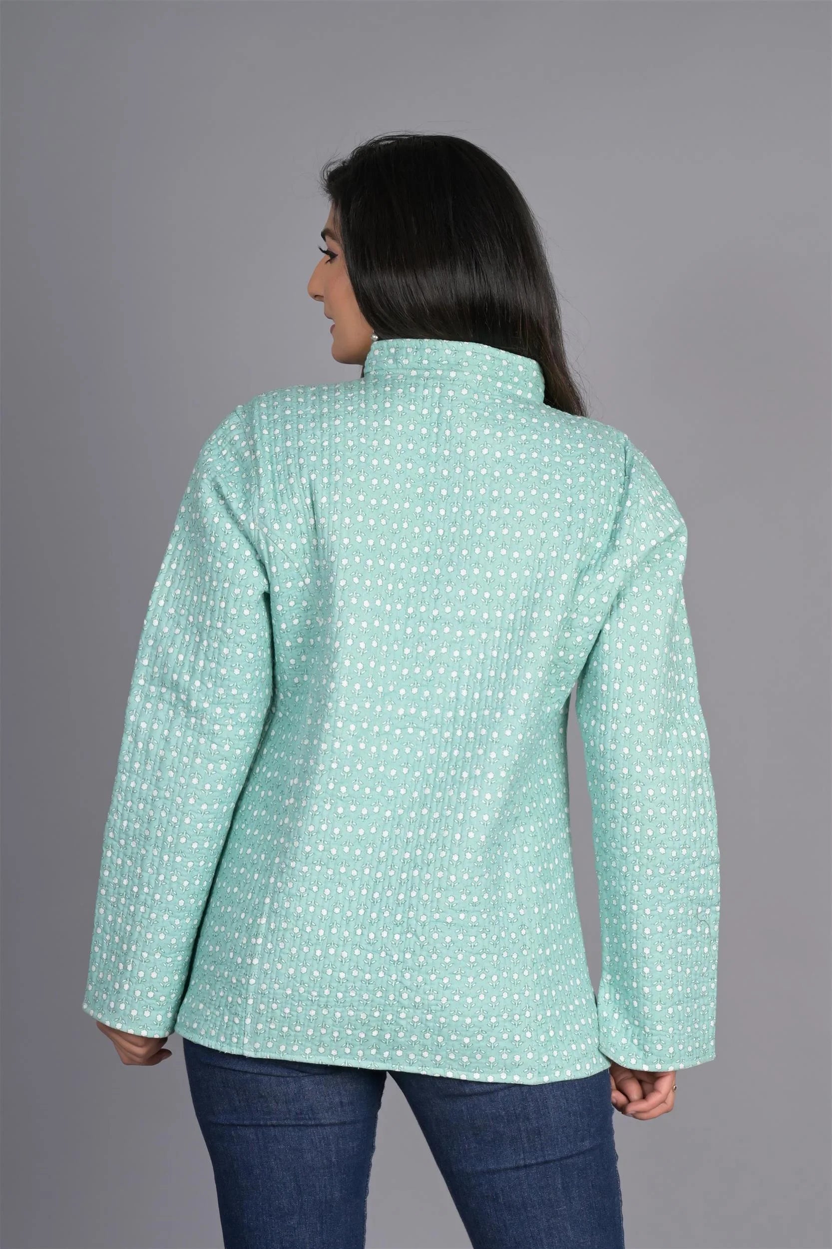 Winter Reversible Light Green Butti Jaipuri Cotton Quilted Jackets For Women