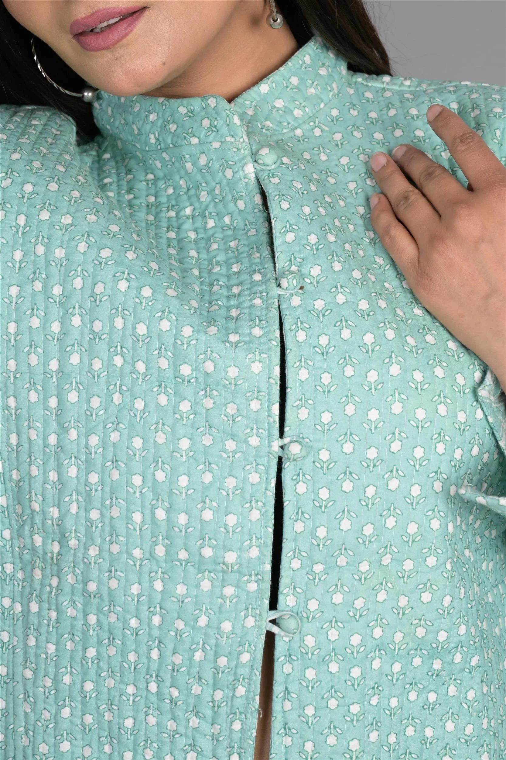 Winter Reversible Light Green Butti Jaipuri Cotton Quilted Jackets For Women