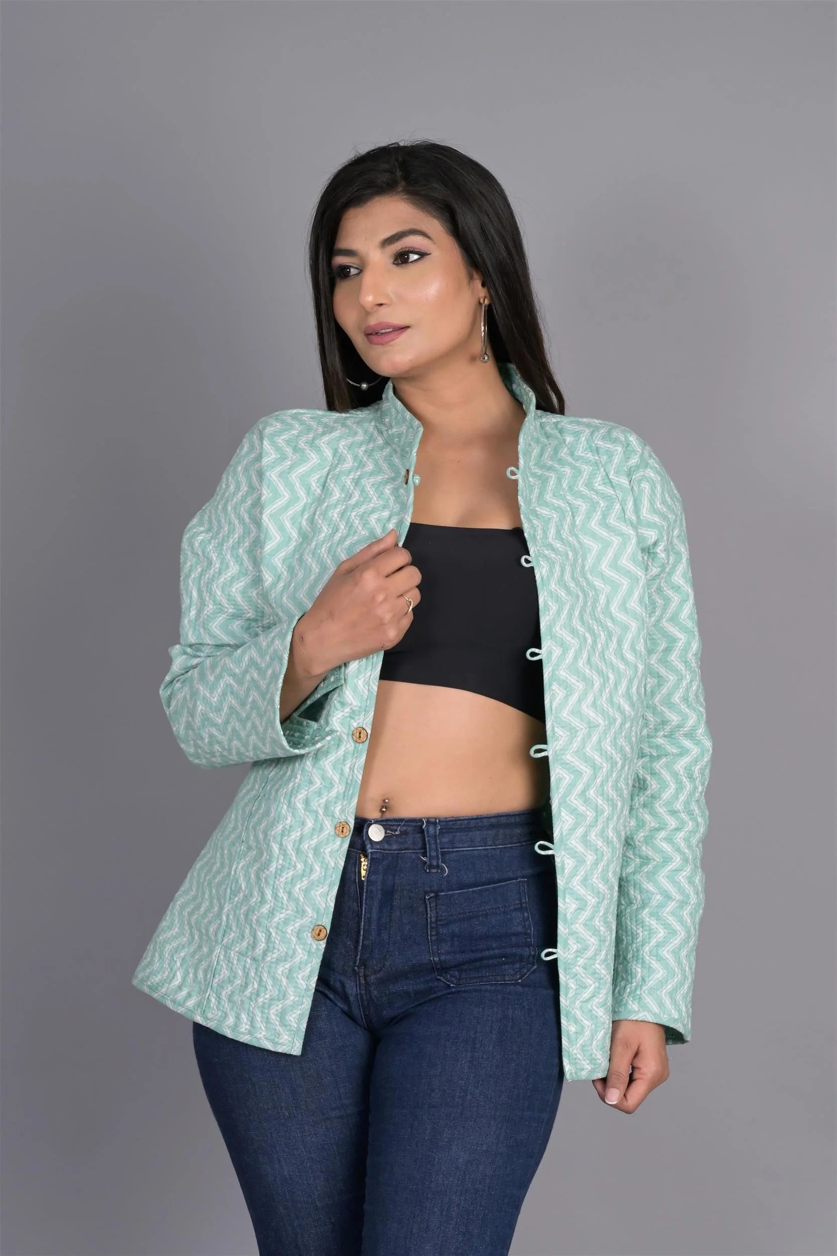Winter Reversible Light Green Butti Jaipuri Cotton Quilted Jackets For Women