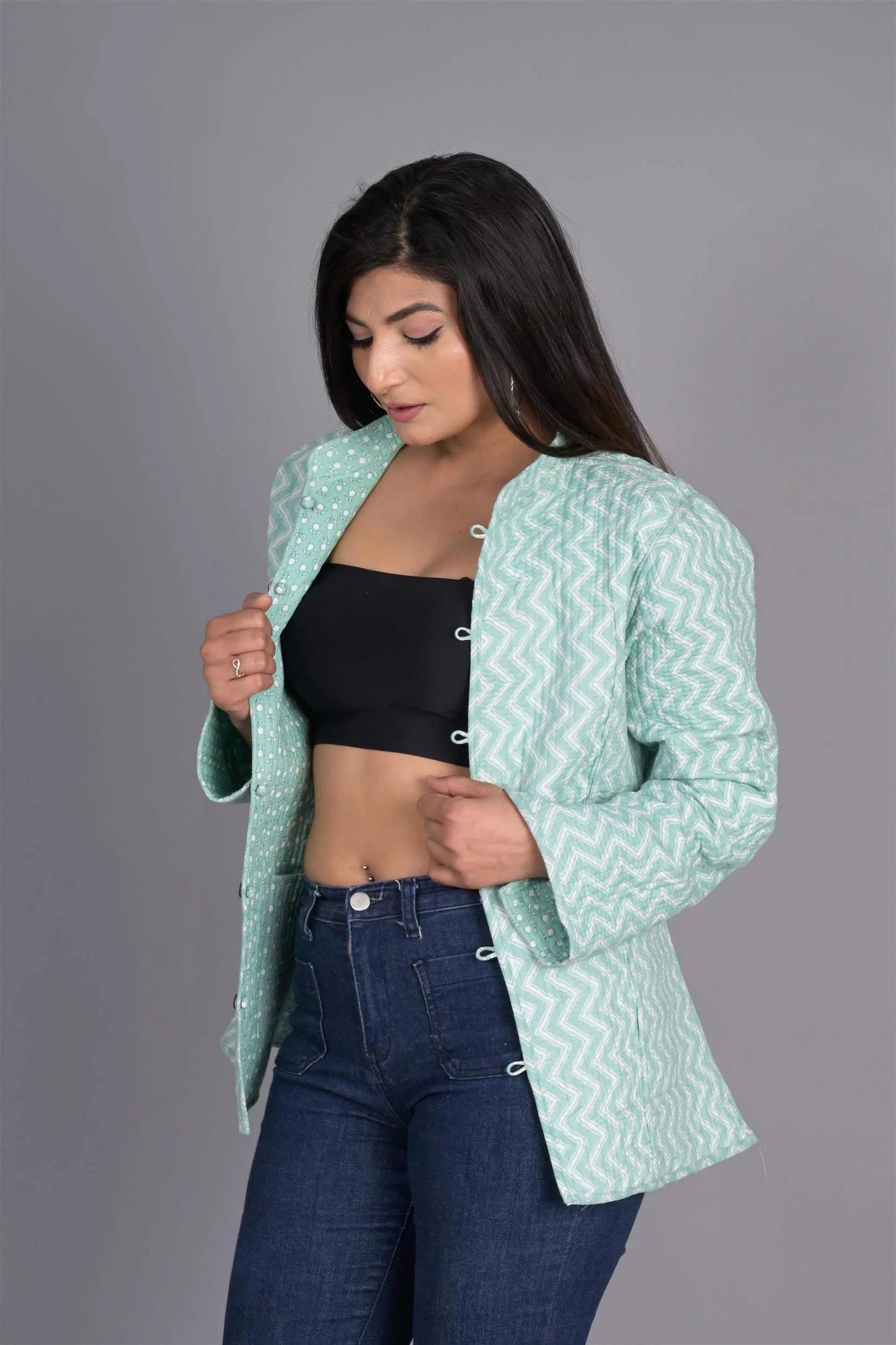 Winter Reversible Light Green Butti Jaipuri Cotton Quilted Jackets For Women