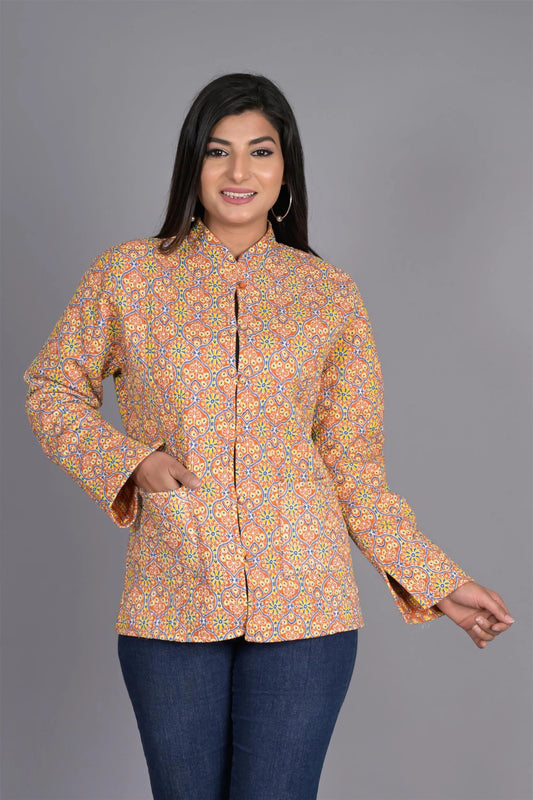 Winter Light Orange Reversible Jaipuri Cotton Quilted Jackets For Women