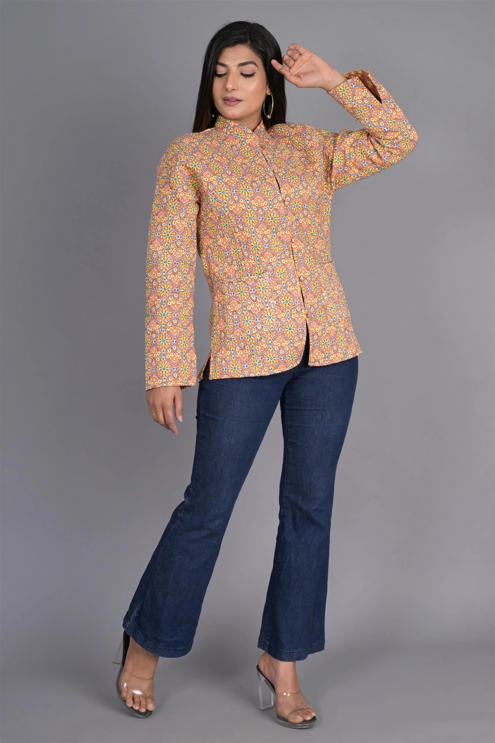 Winter Light Orange Reversible Jaipuri Cotton Quilted Jackets For Women