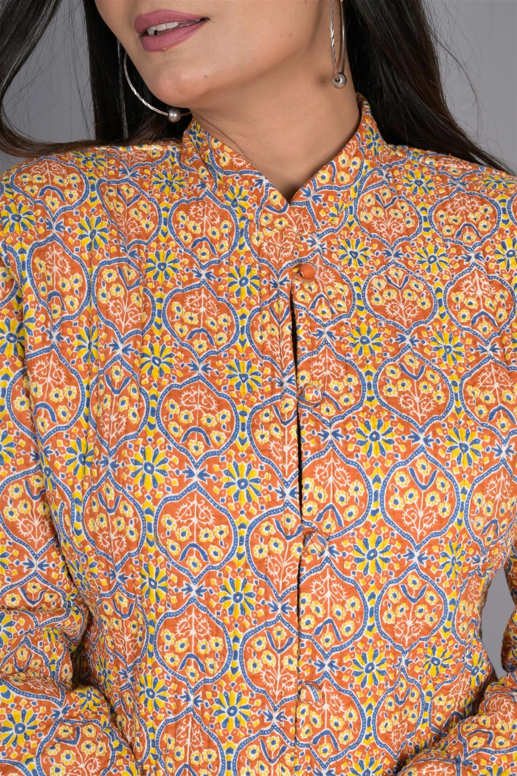 Winter Light Orange Reversible Jaipuri Cotton Quilted Jackets For Women