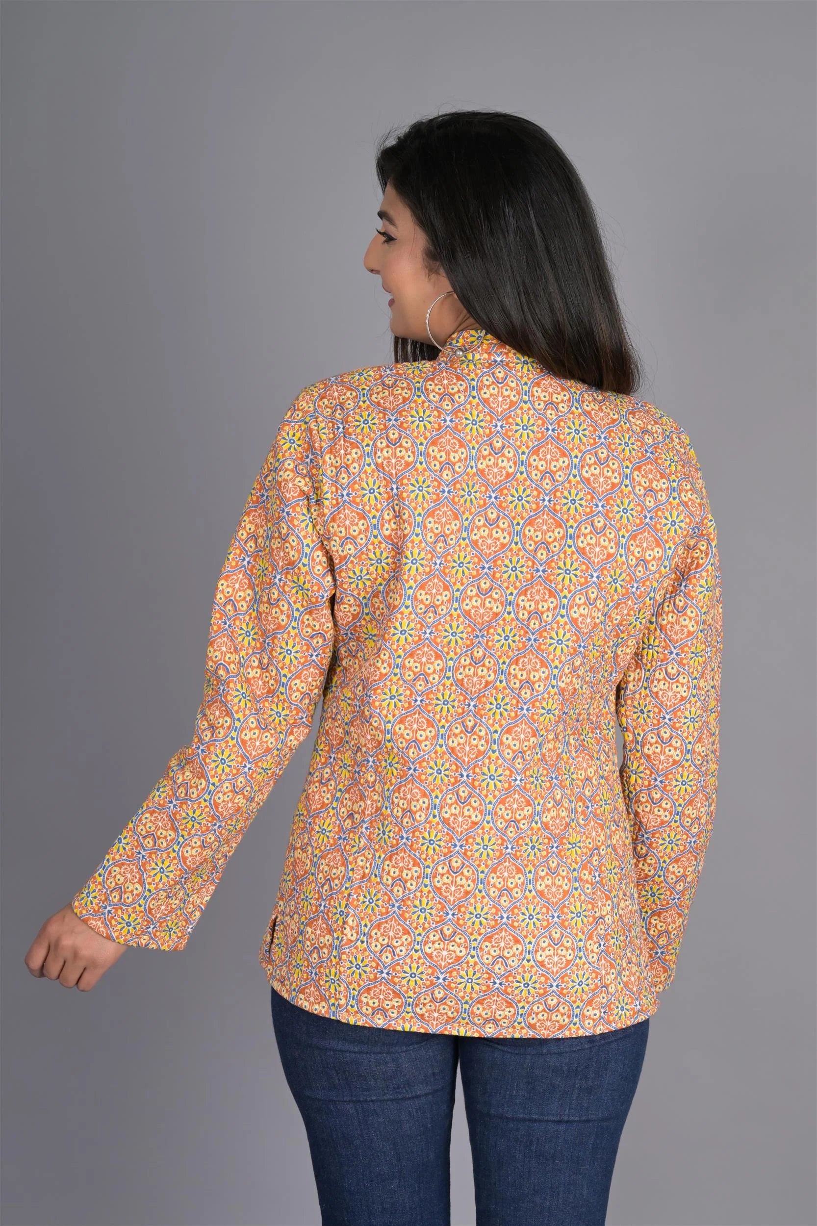 Winter Light Orange Reversible Jaipuri Cotton Quilted Jackets For Women