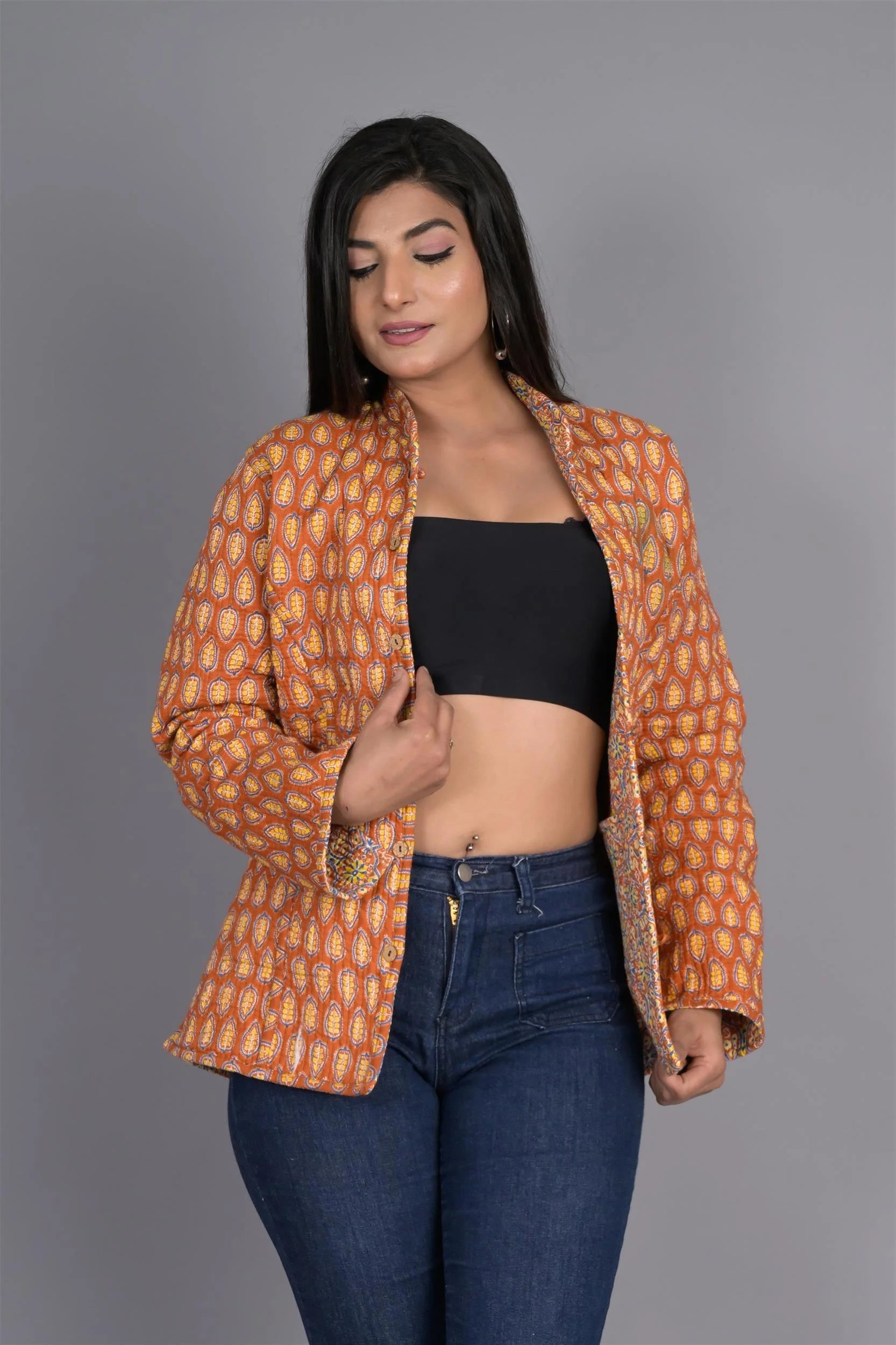 Winter Light Orange Reversible Jaipuri Cotton Quilted Jackets For Women