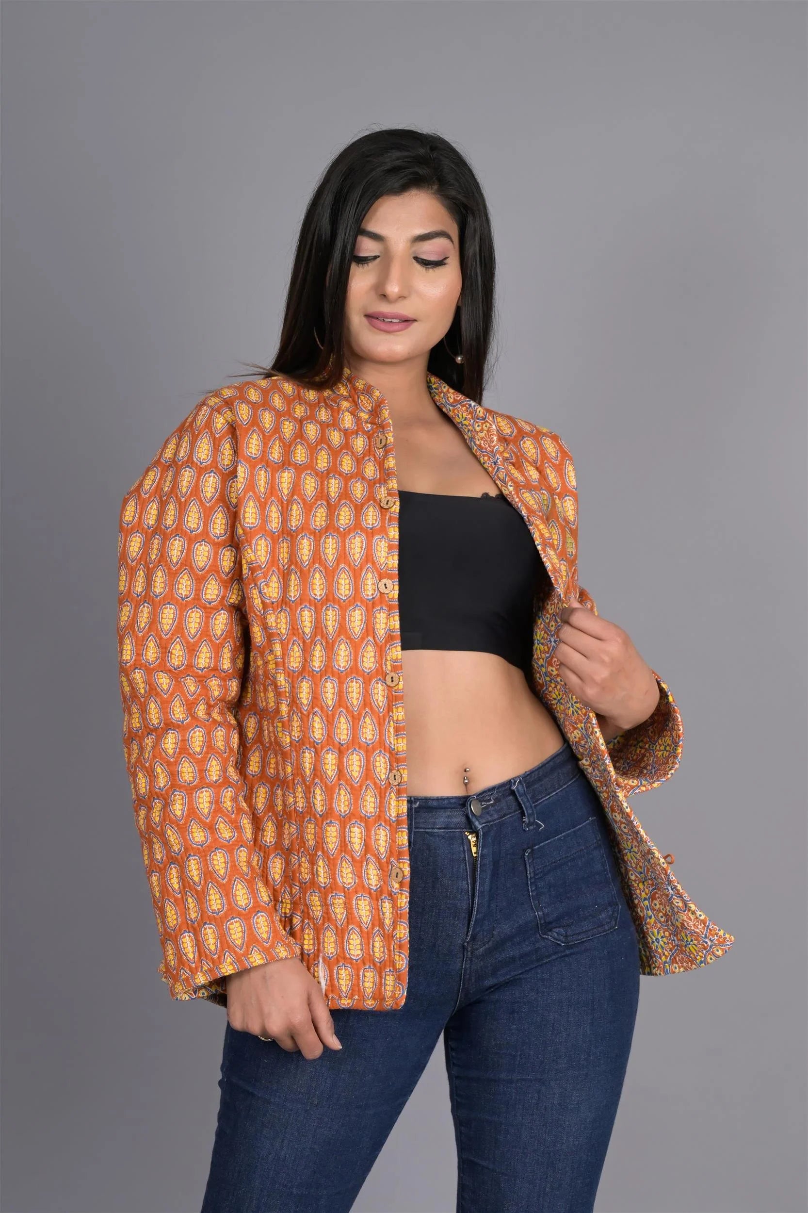 Winter Light Orange Reversible Jaipuri Cotton Quilted Jackets For Women
