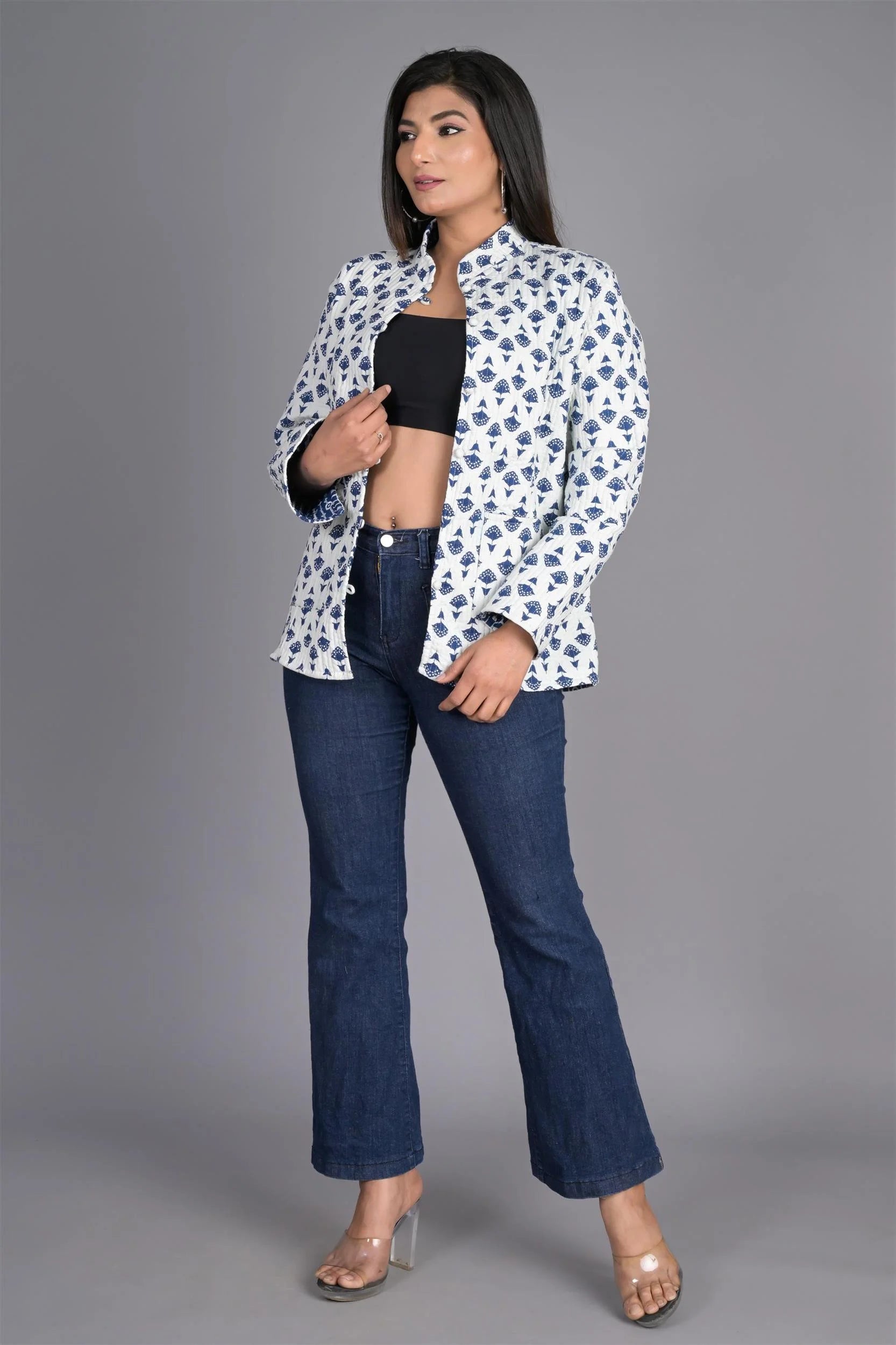 Winter White & Blue Reversible Jaipuri Cotton Quilted Jackets For Women