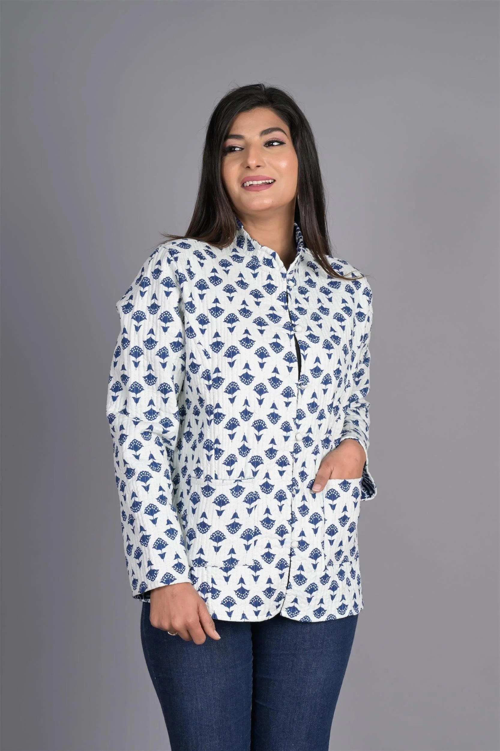 Winter White & Blue Reversible Jaipuri Cotton Quilted Jackets For Women