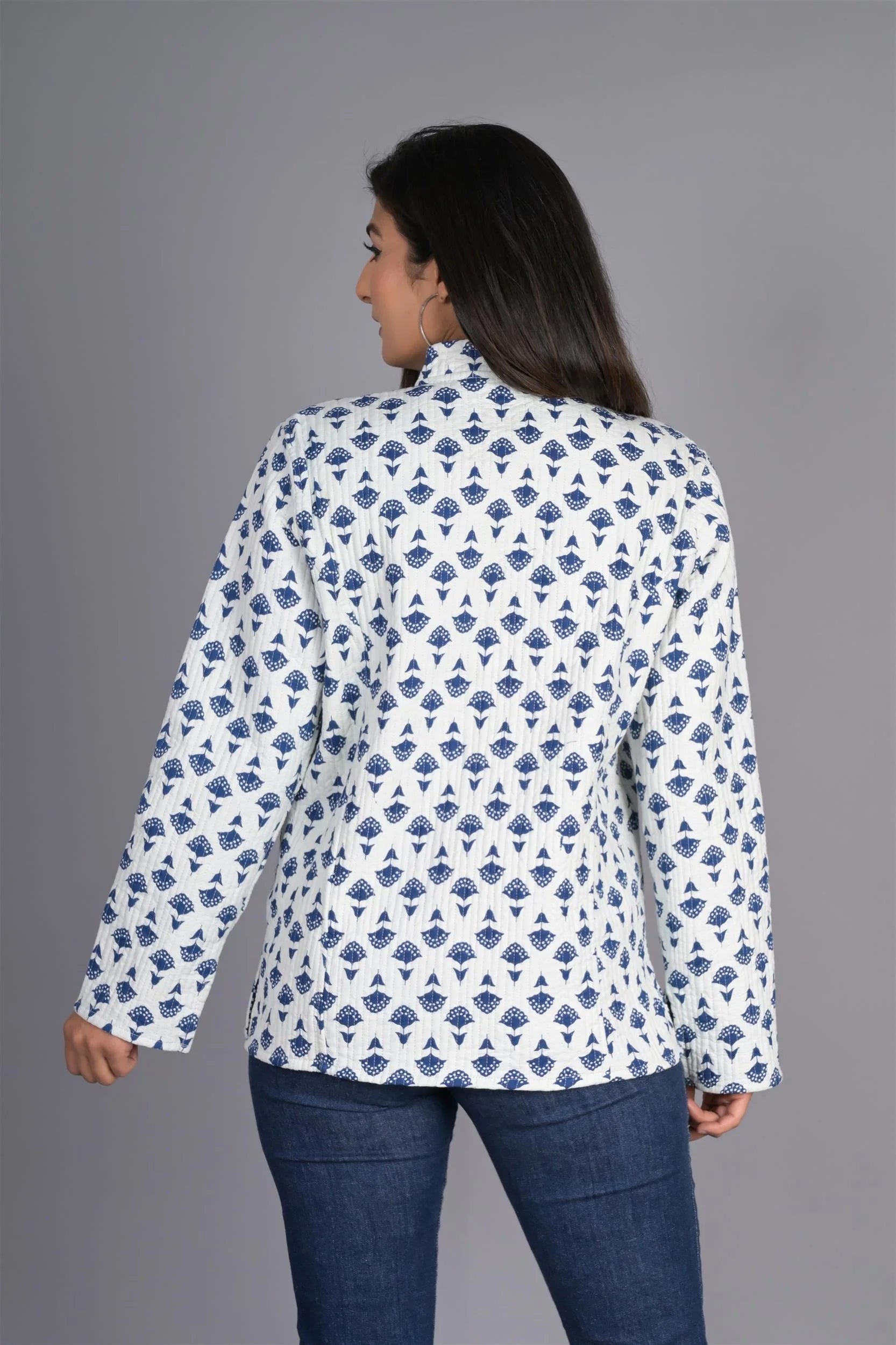 Winter White & Blue Reversible Jaipuri Cotton Quilted Jackets For Women