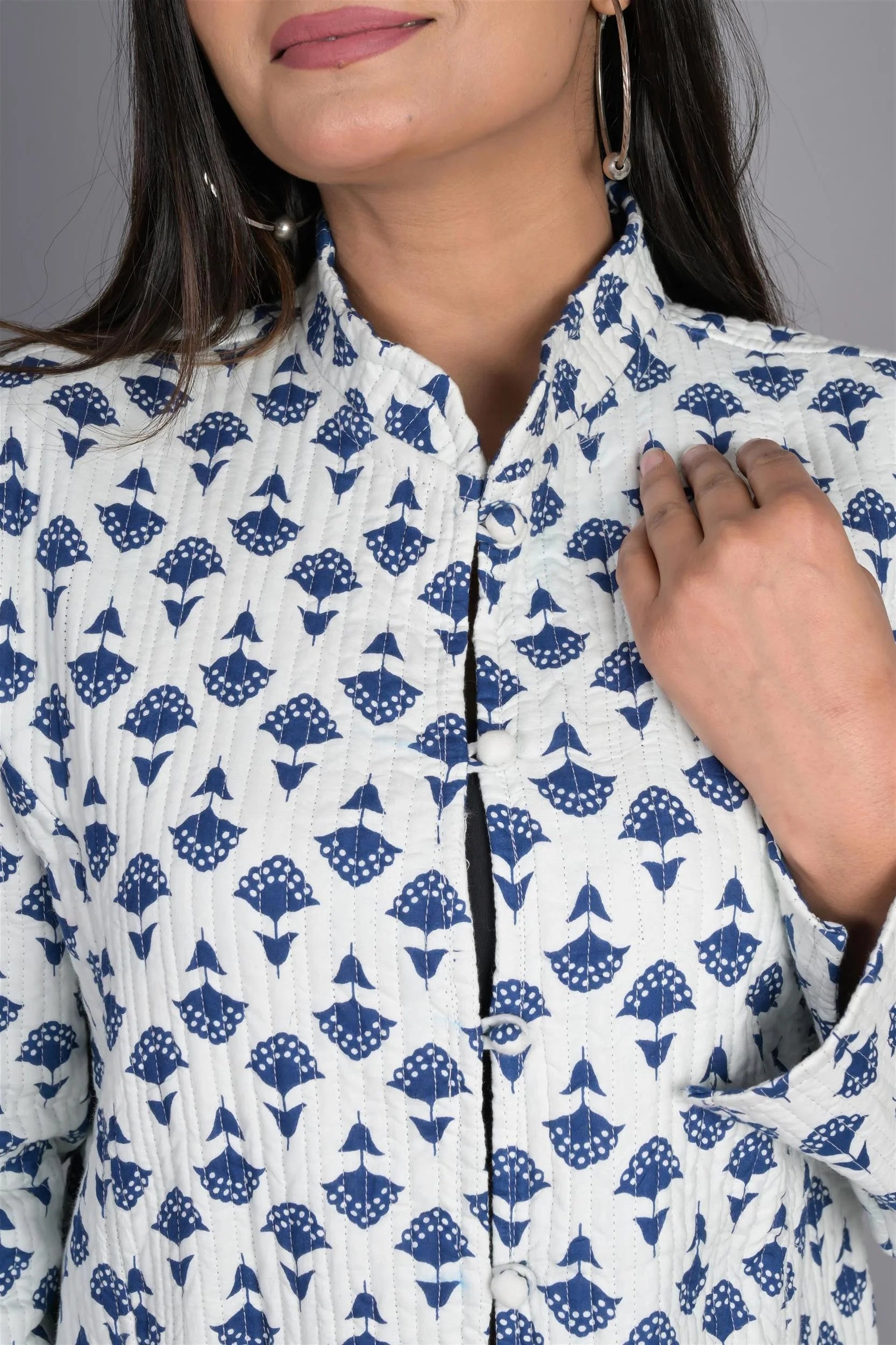 Winter White & Blue Reversible Jaipuri Cotton Quilted Jackets For Women