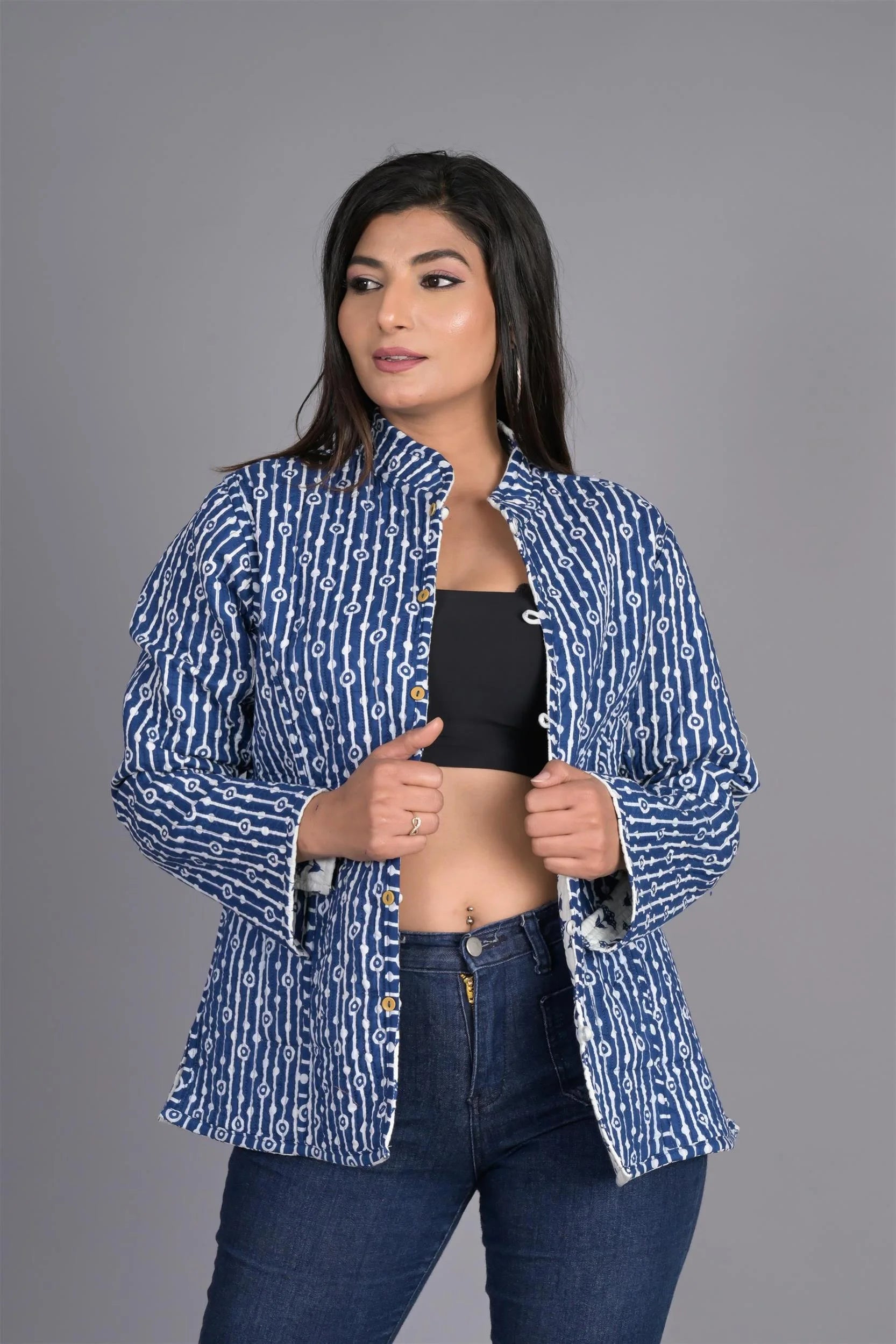 Winter White & Blue Reversible Jaipuri Cotton Quilted Jackets For Women