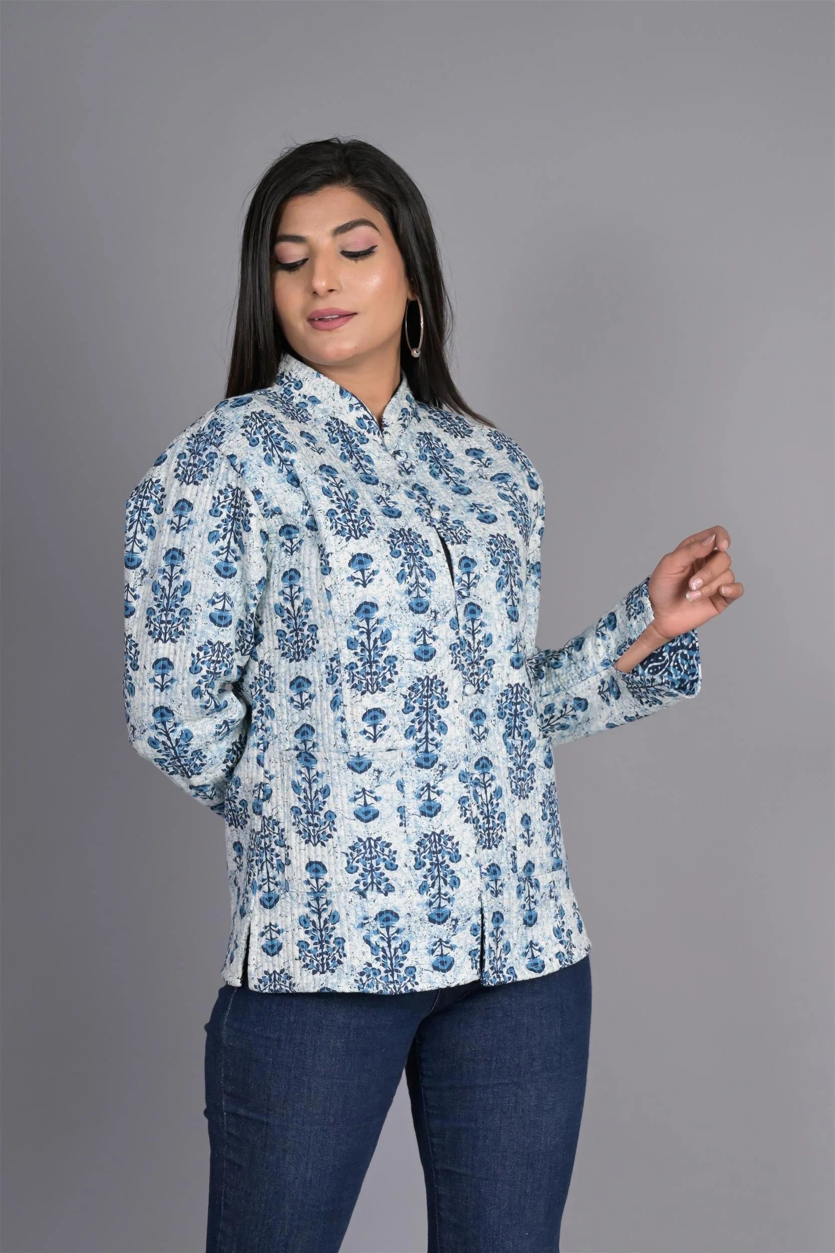 Winter Reversible Blue Butti Jaipuri Cotton Quilted Jackets For Women