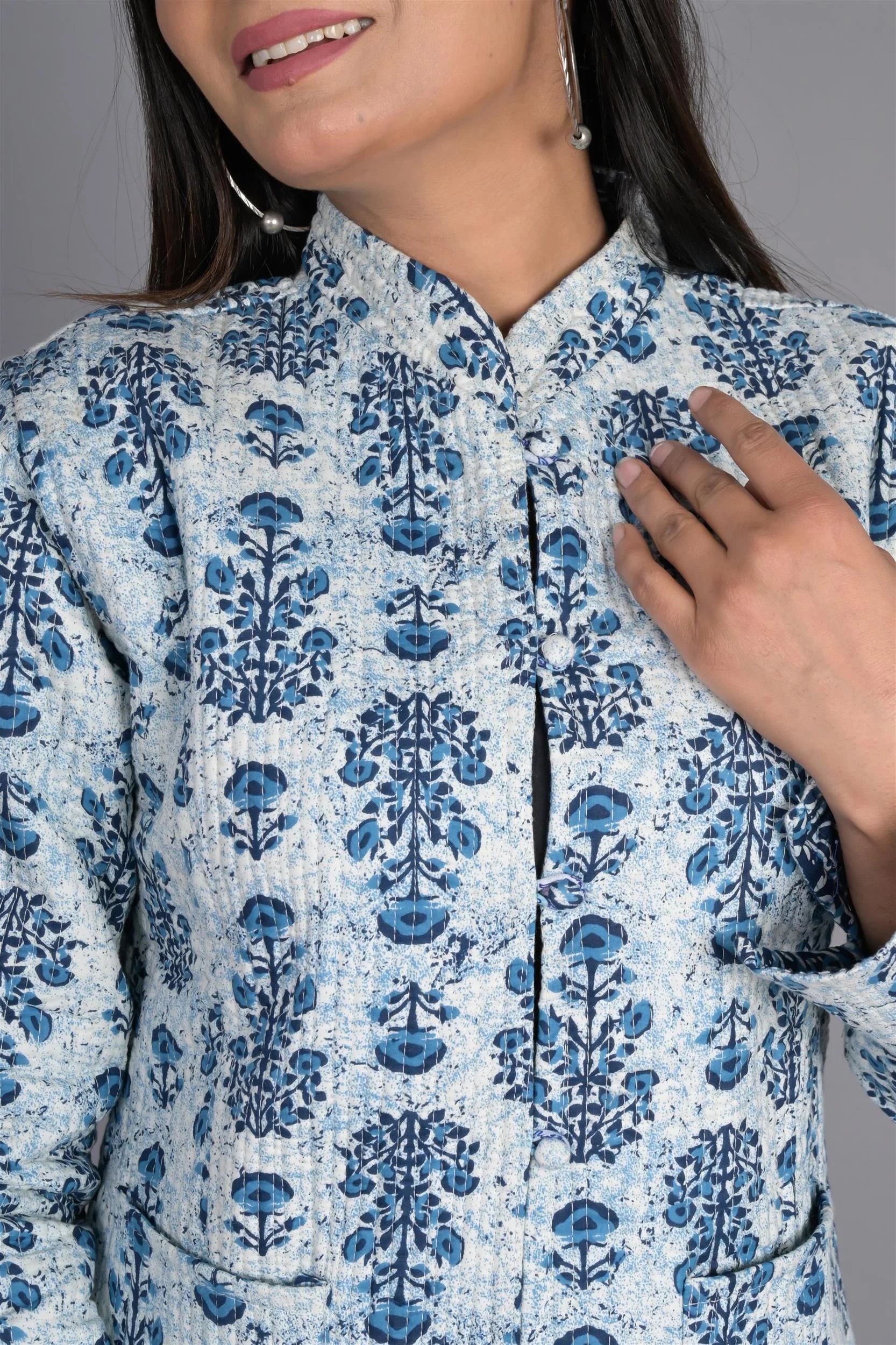 Winter Reversible Blue Butti Jaipuri Cotton Quilted Jackets For Women