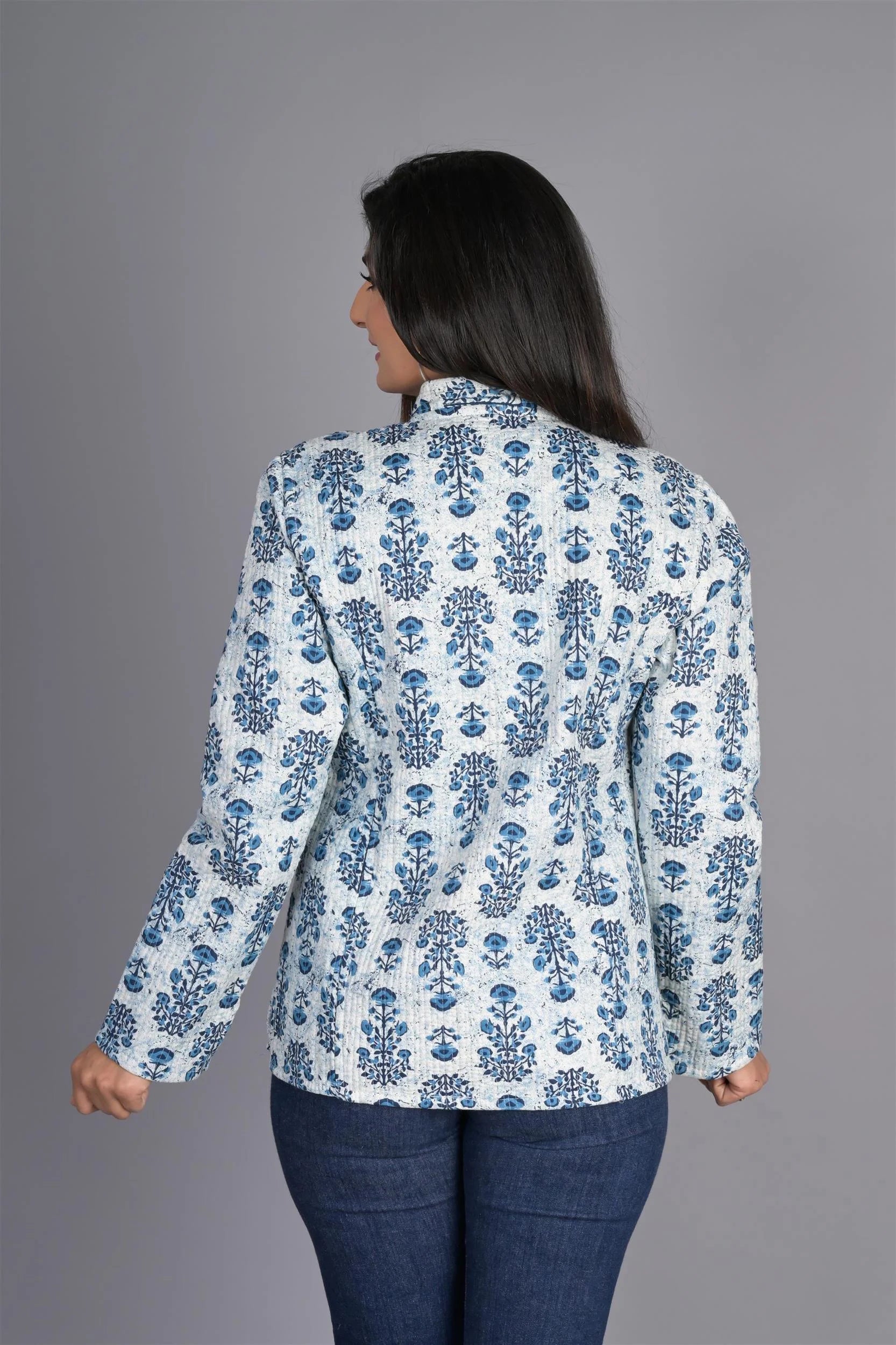 Winter Reversible Blue Butti Jaipuri Cotton Quilted Jackets For Women