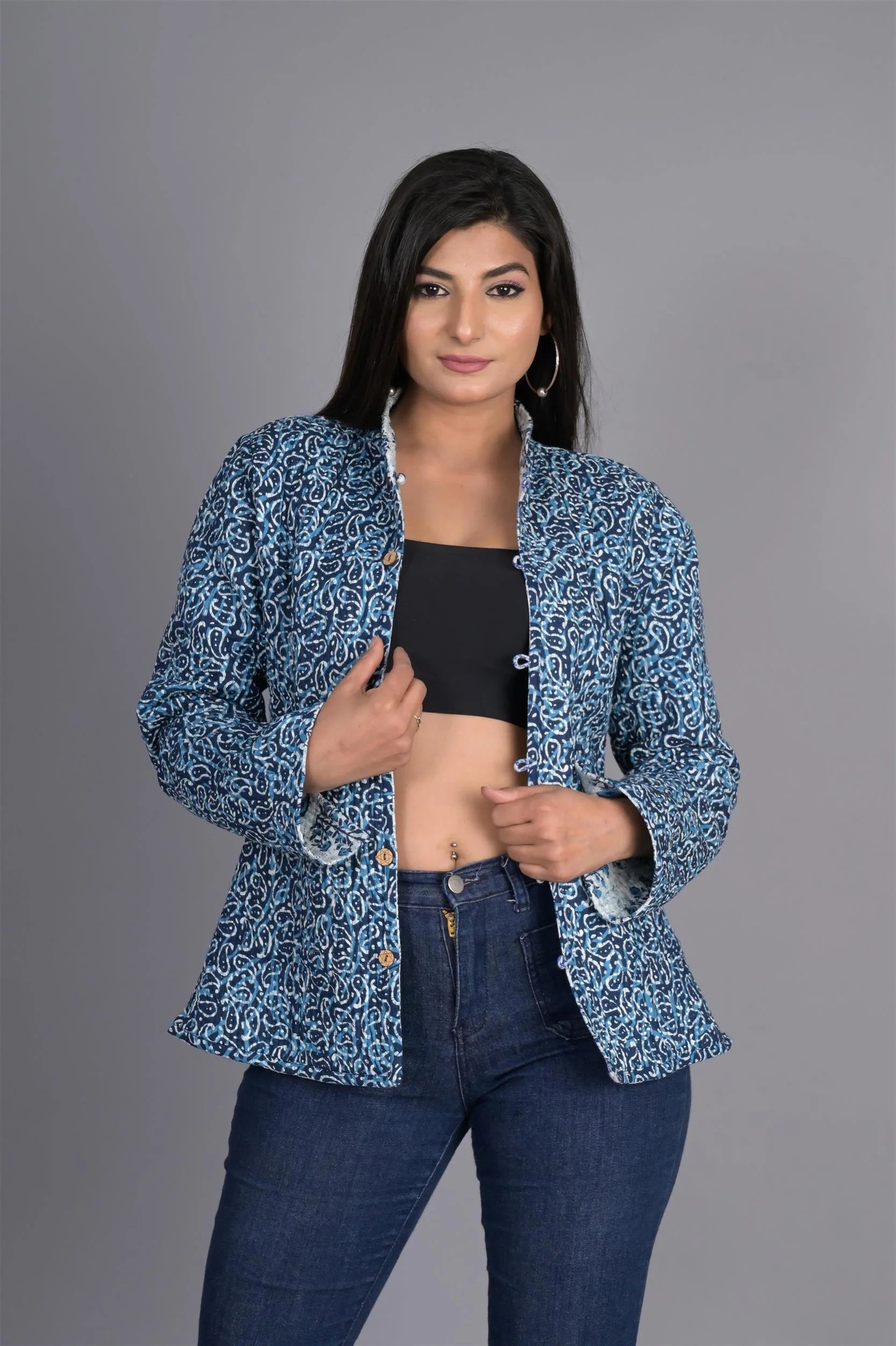 Winter Reversible Blue Butti Jaipuri Cotton Quilted Jackets For Women