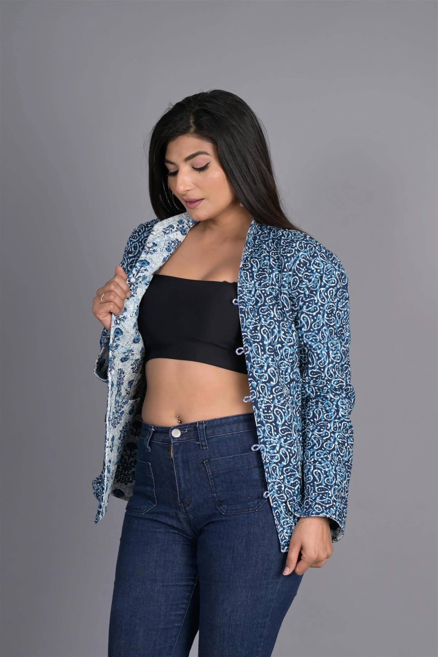 Winter Reversible Blue Butti Jaipuri Cotton Quilted Jackets For Women