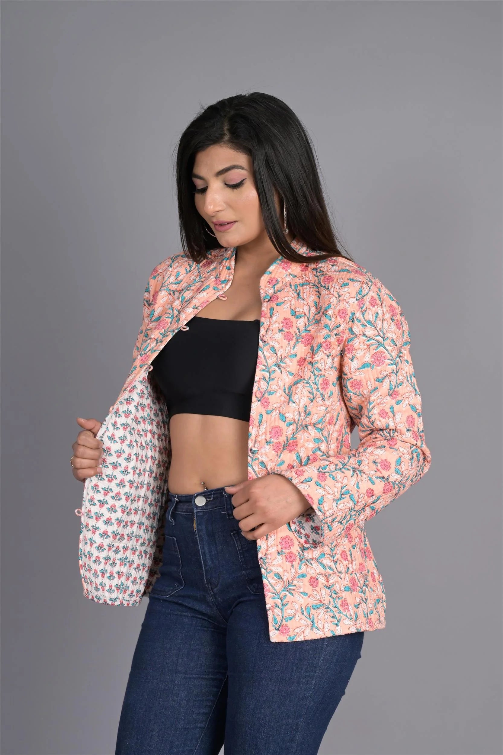 Winter Peach Reversible Jaipuri Cotton Quilted Jackets For Women