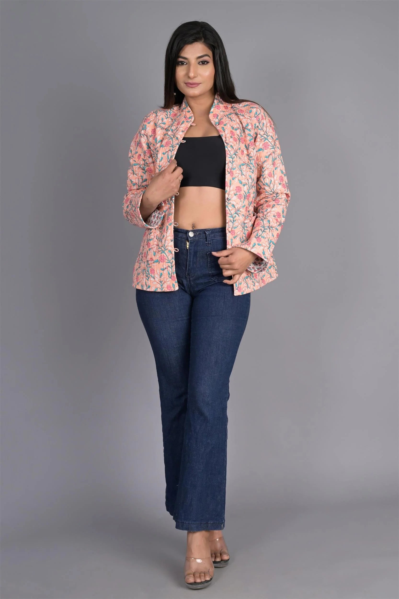 Winter Peach Reversible Jaipuri Cotton Quilted Jackets For Women