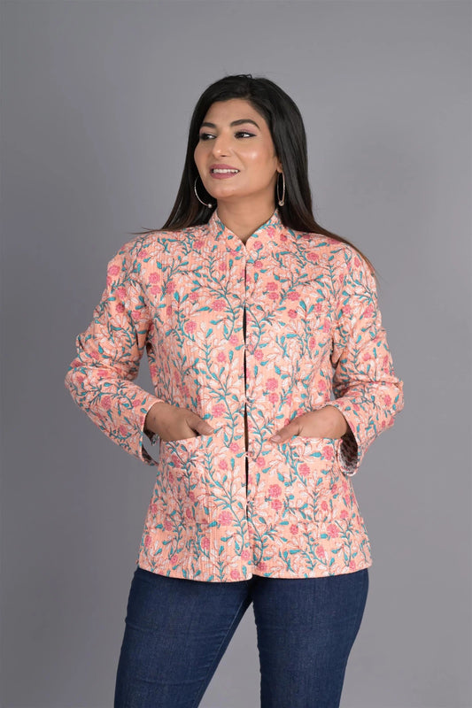 Winter Peach Reversible Jaipuri Cotton Quilted Jackets For Women