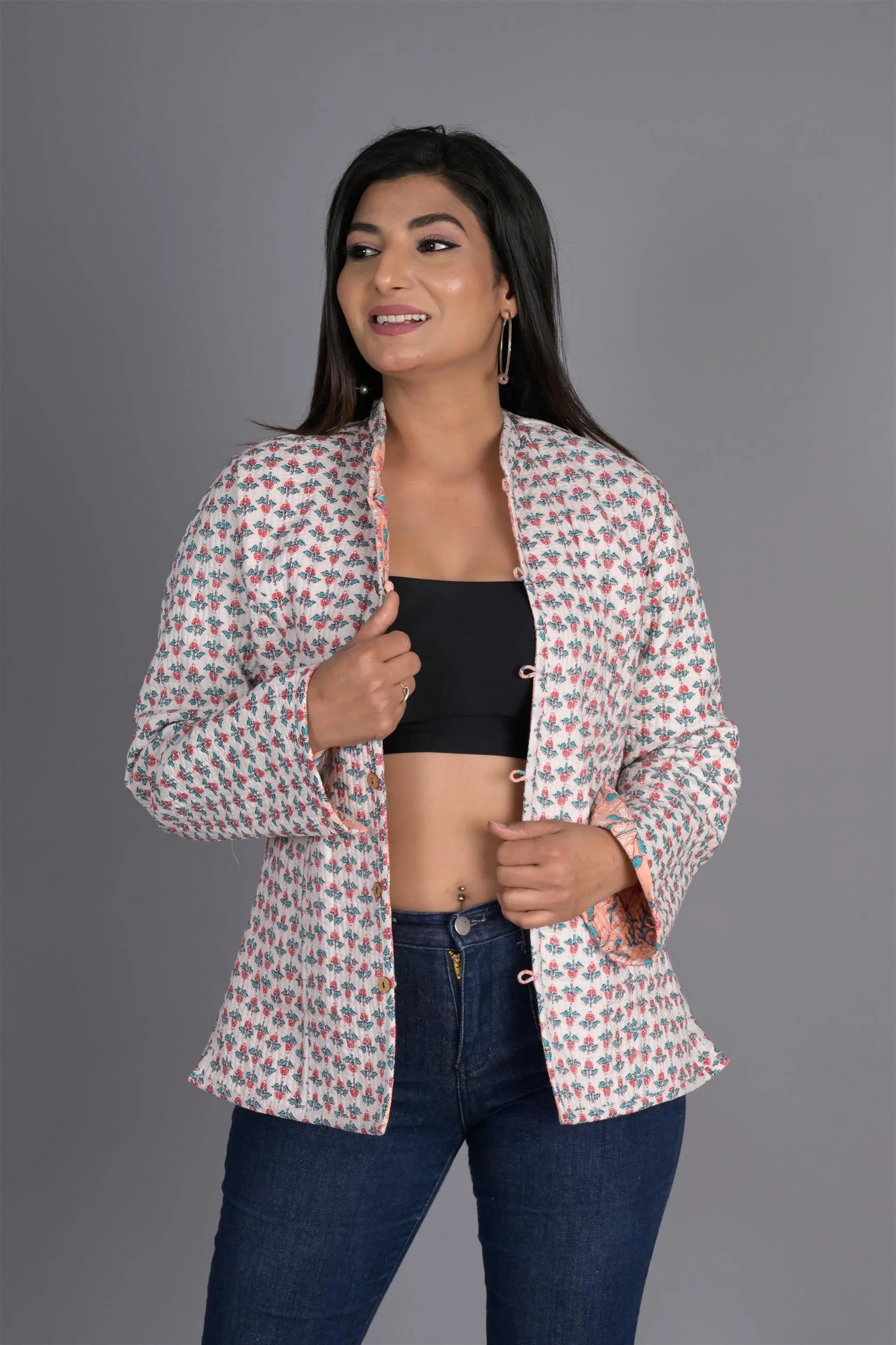 Winter Peach Reversible Jaipuri Cotton Quilted Jackets For Women