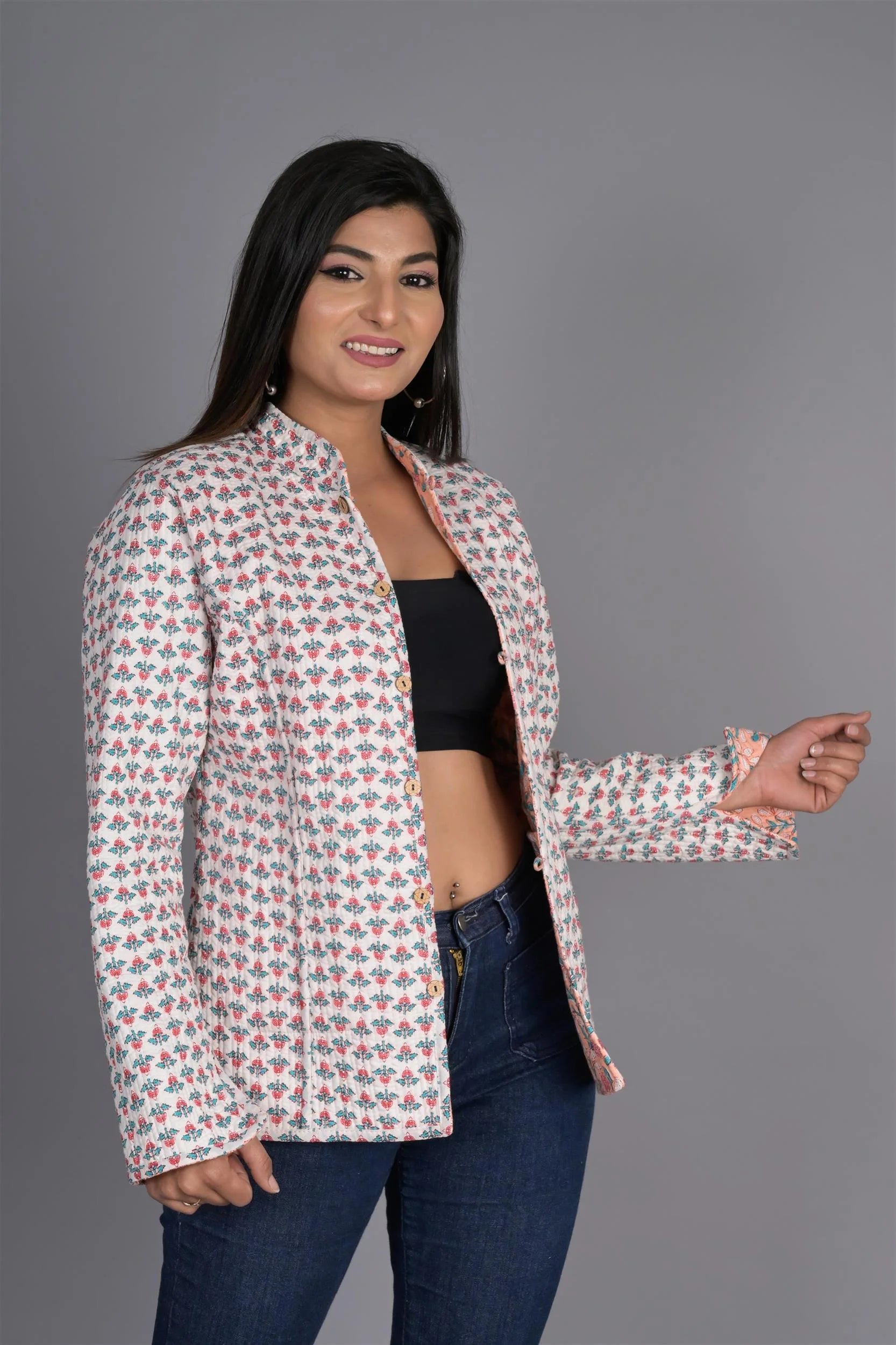 Winter Peach Reversible Jaipuri Cotton Quilted Jackets For Women