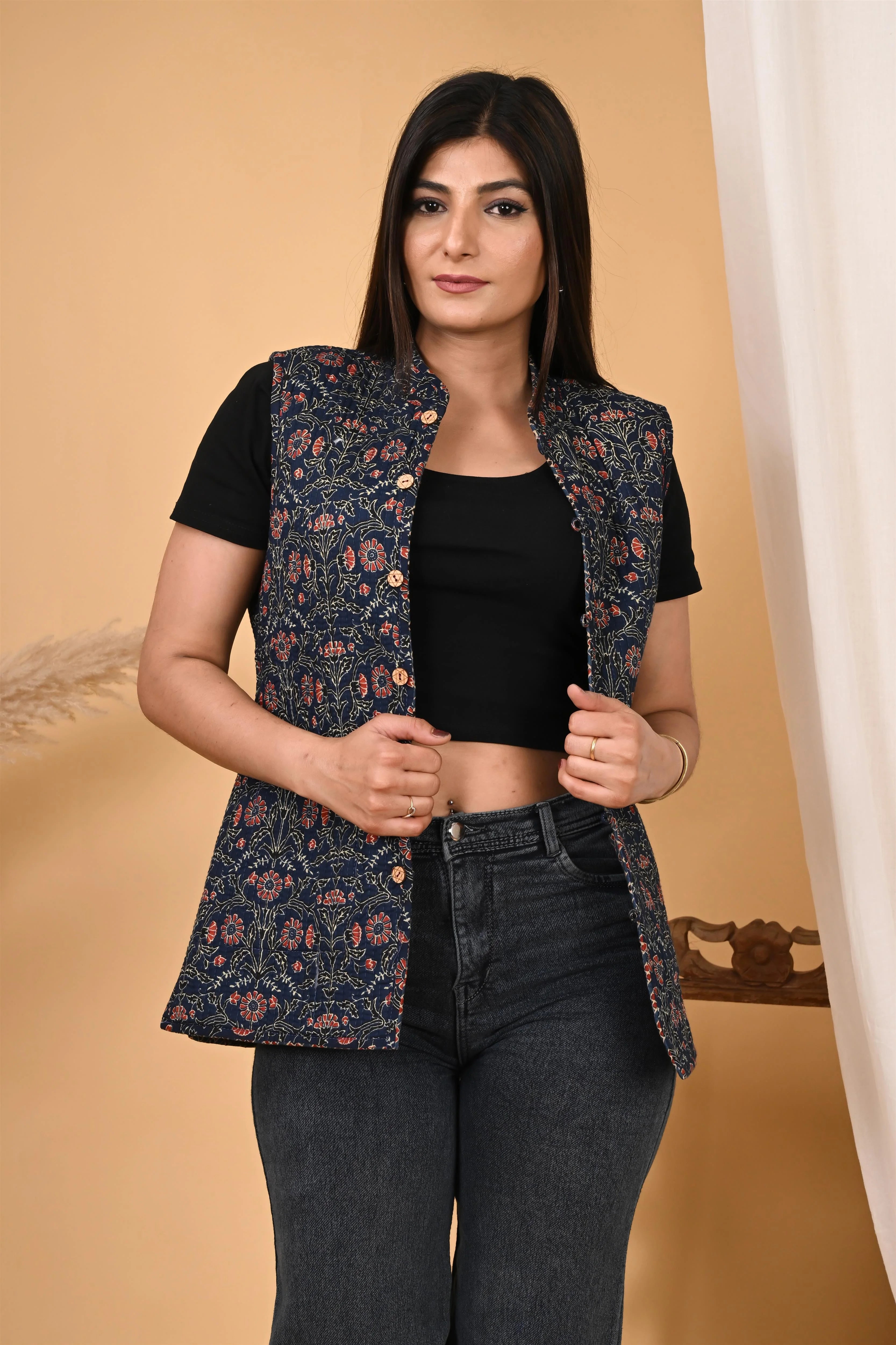 Winter Blue Sleeveless Reversible Jaipuri Cotton Quilted Jackets For Women
