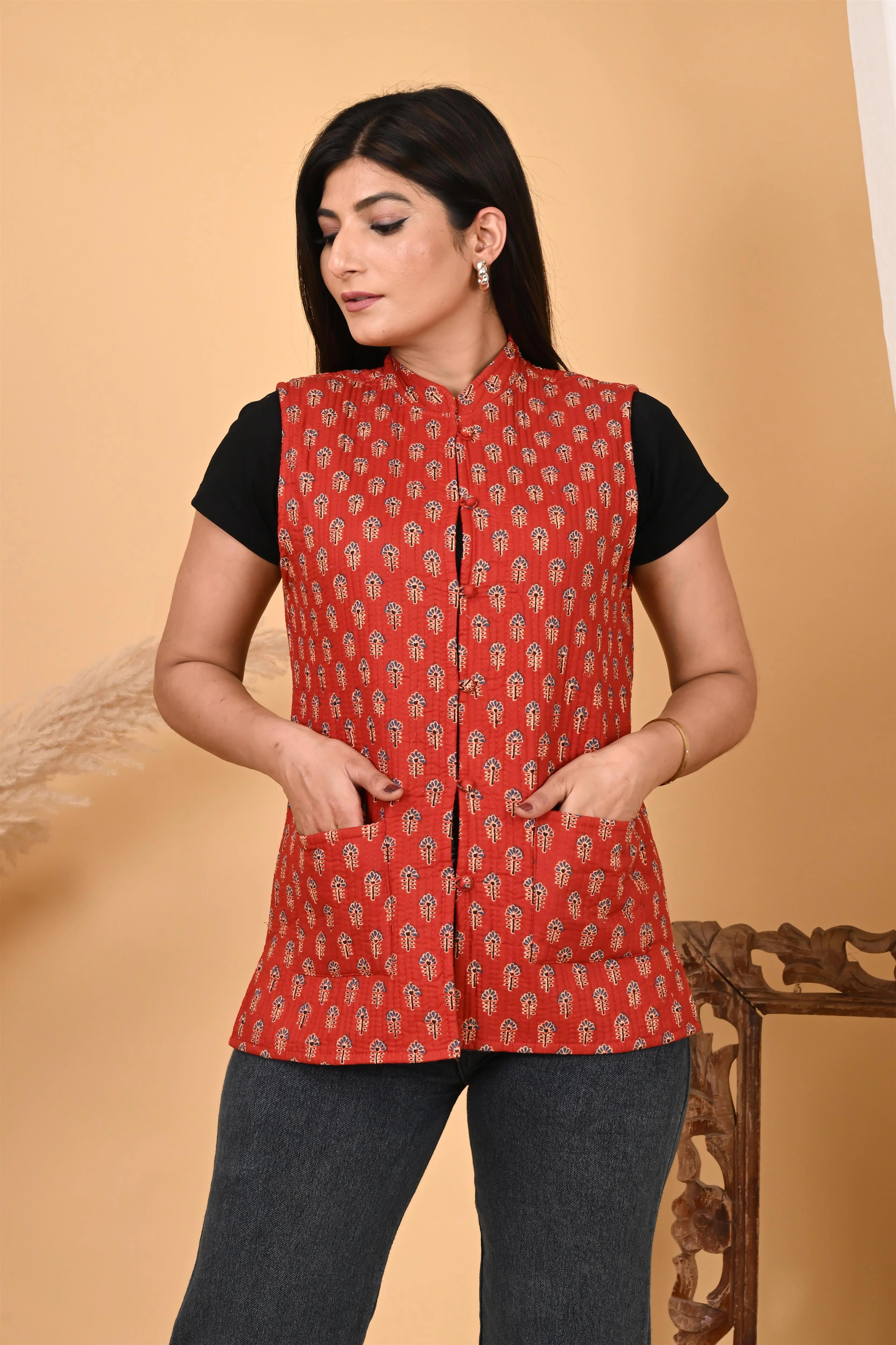 Winter Red Sleeveless Reversible Jaipuri Cotton Quilted Jackets For Women