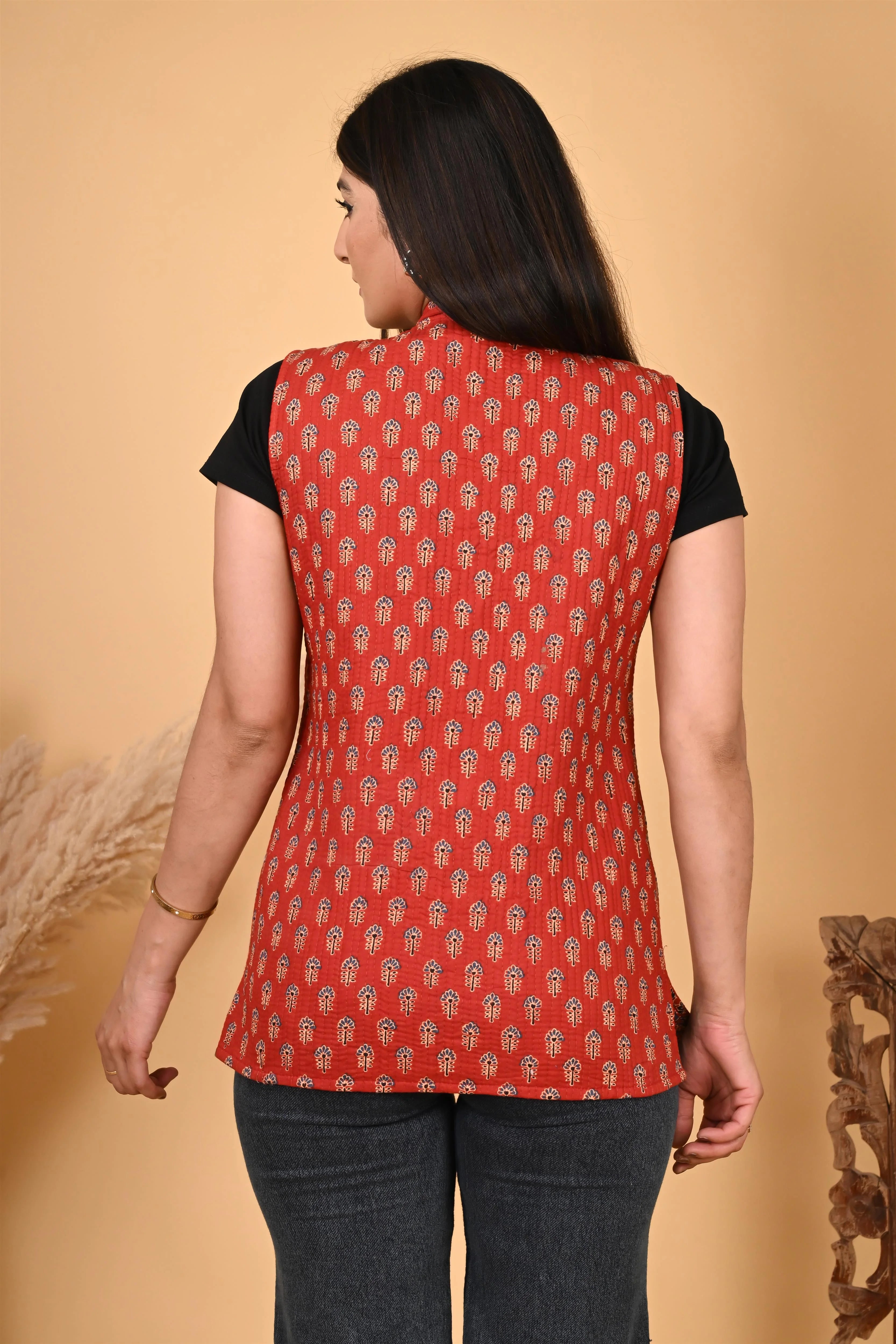 Winter Red Sleeveless Reversible Jaipuri Cotton Quilted Jackets For Women