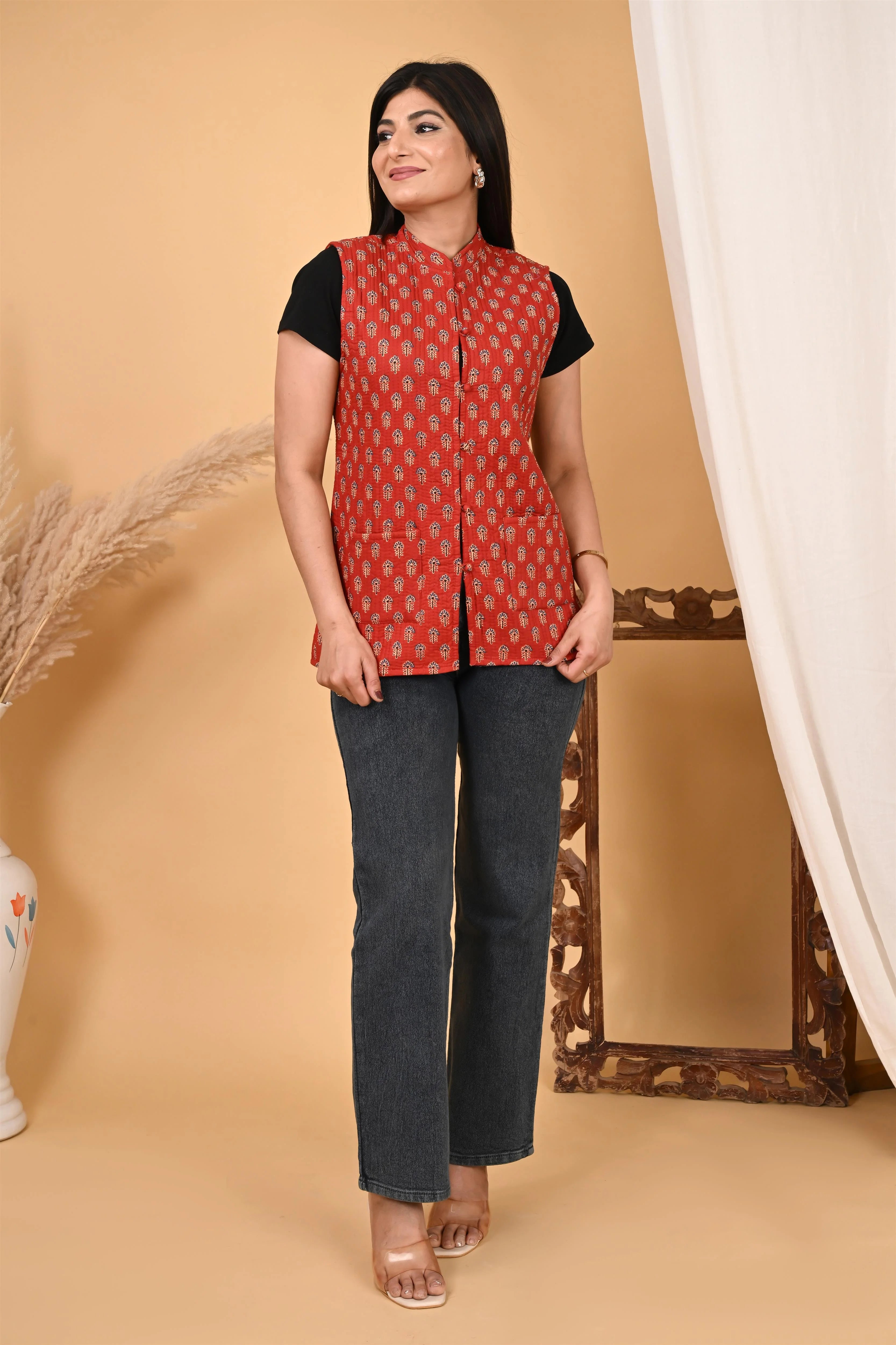 Winter Red Sleeveless Reversible Jaipuri Cotton Quilted Jackets For Women