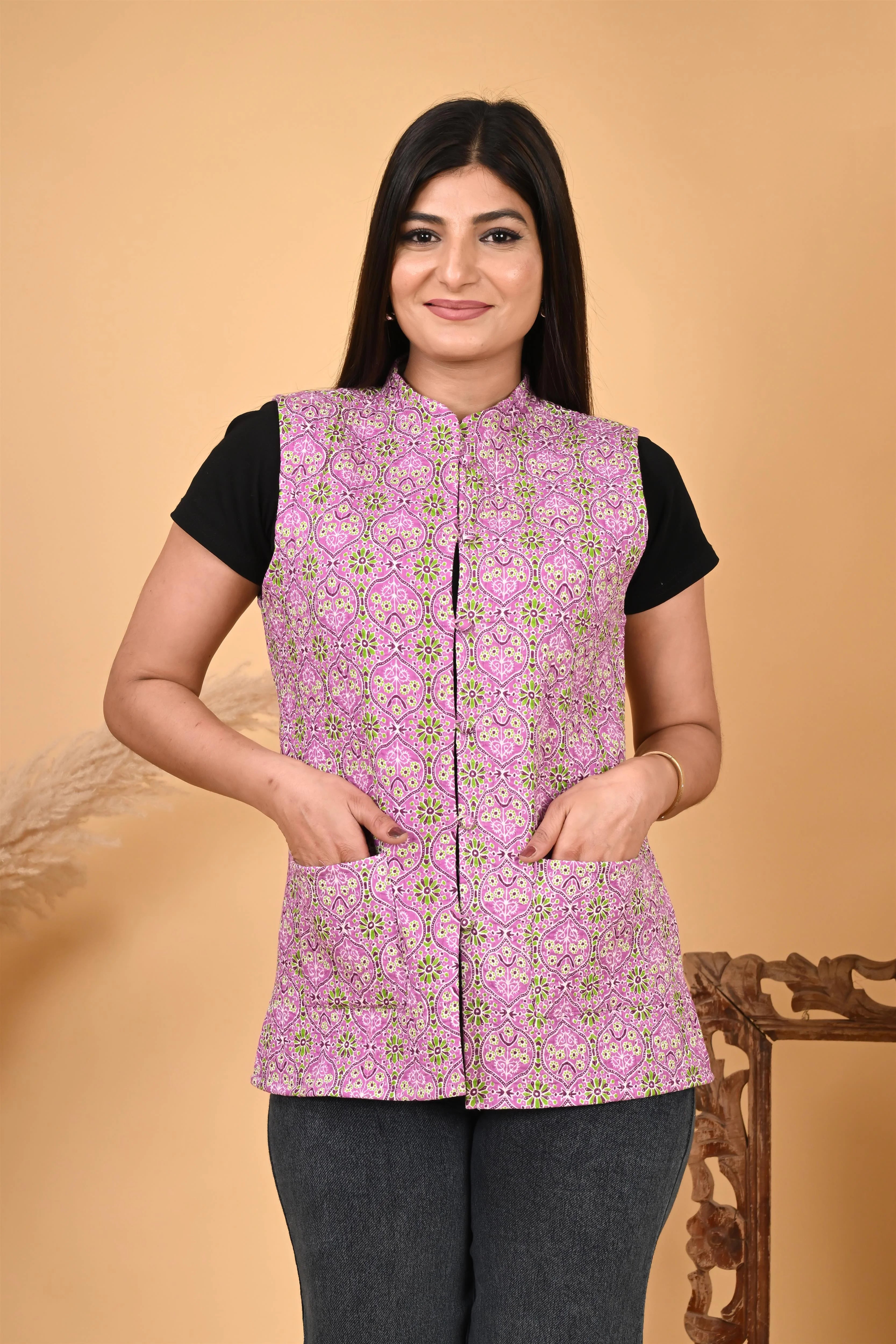 Winter Purple Sleeveless Reversible Jaipuri Cotton Quilted Jackets For Women