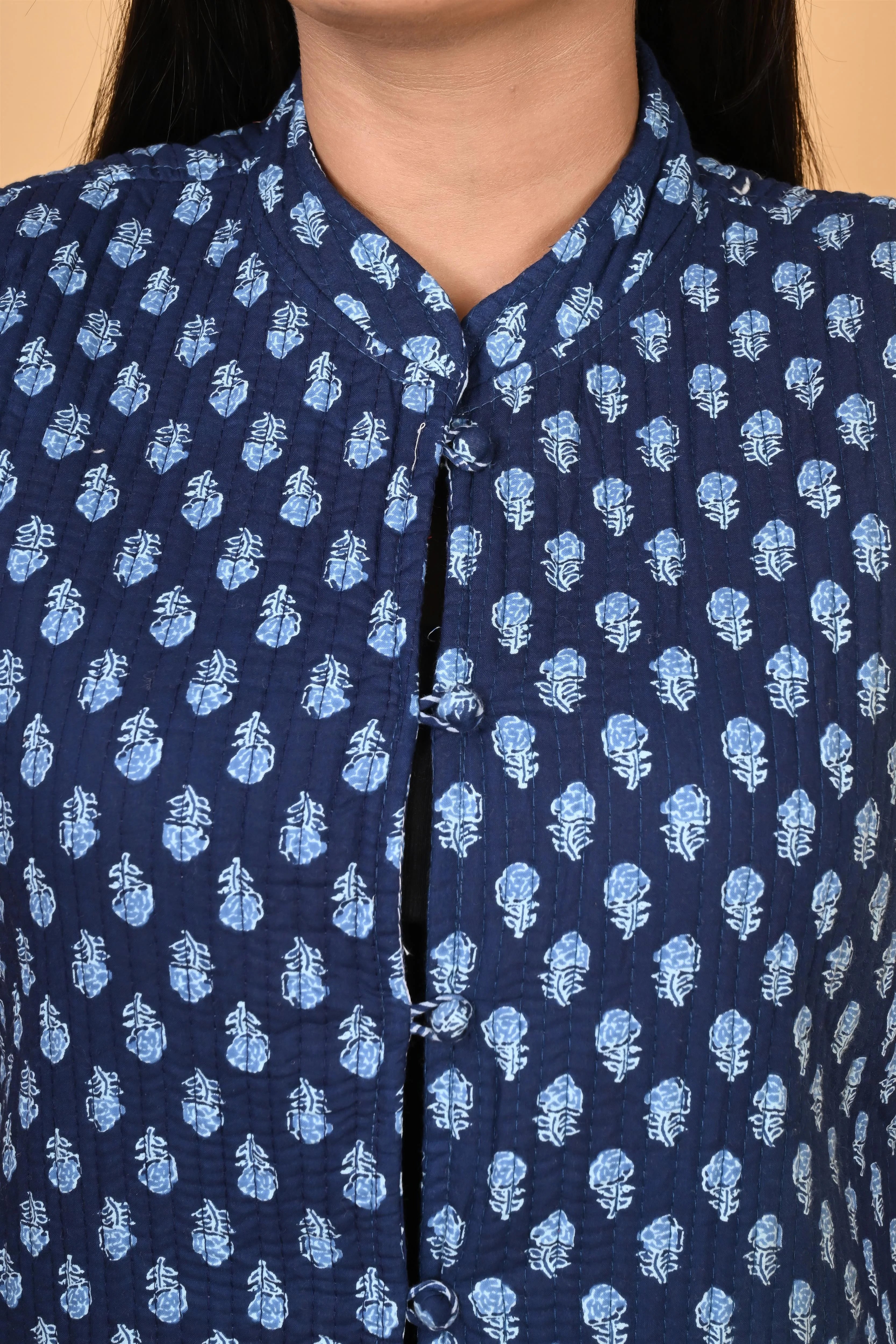 Winter Blue Sleeveless Reversible Jaipuri Cotton Quilted Jackets For Women