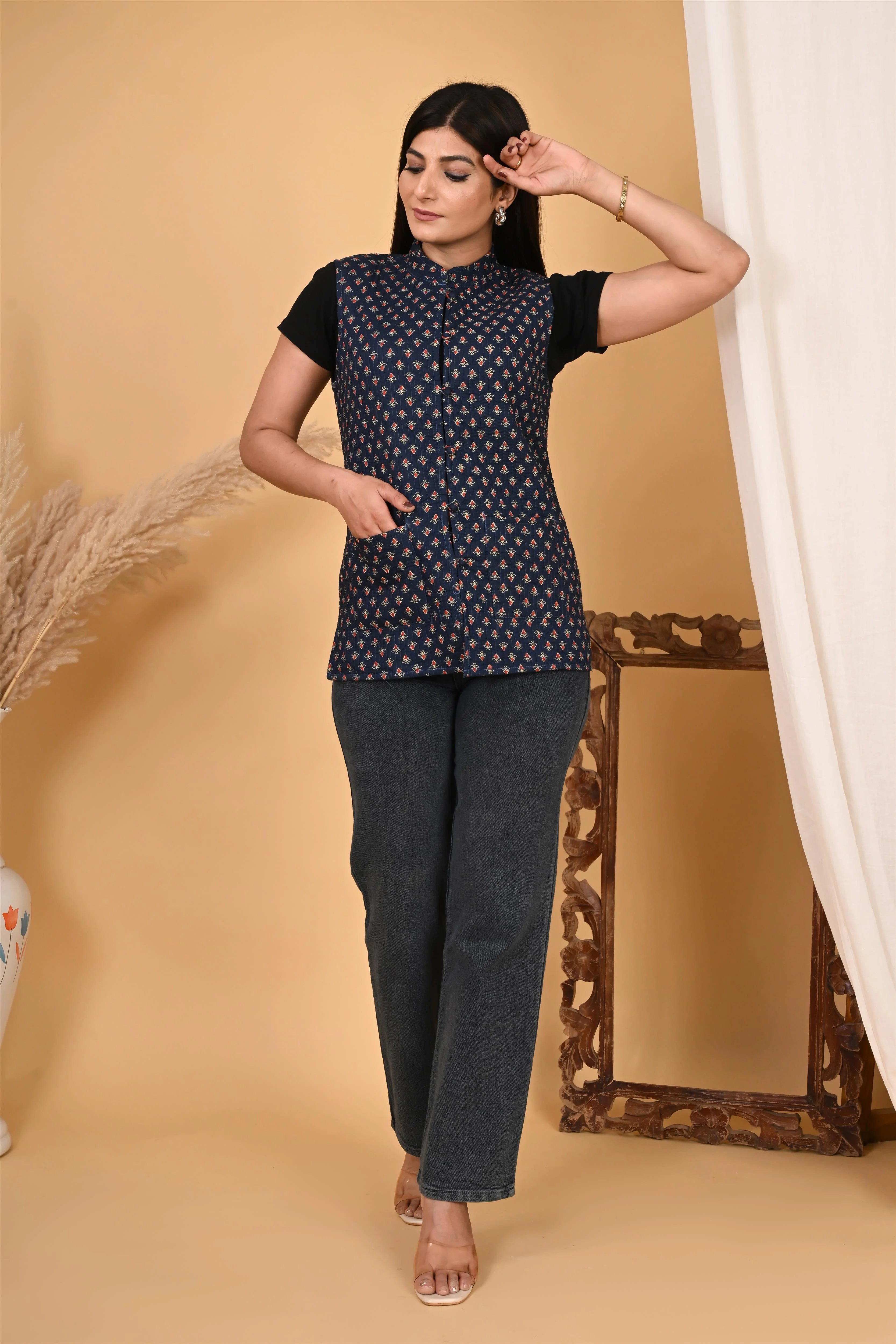 Winter Blue Sleeveless Reversible Jaipuri Cotton Quilted Jackets For Women