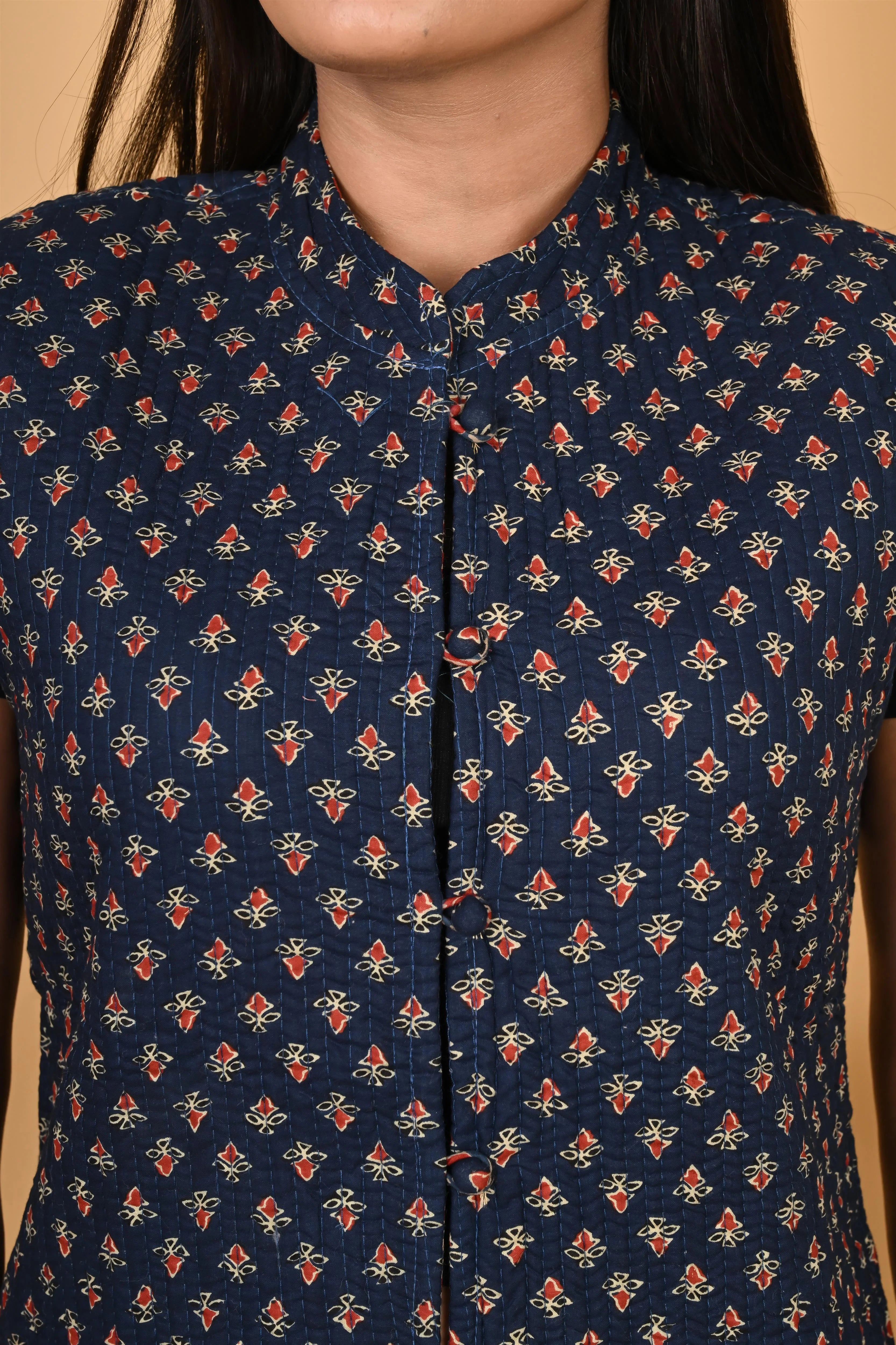 Winter Blue Sleeveless Reversible Jaipuri Cotton Quilted Jackets For Women