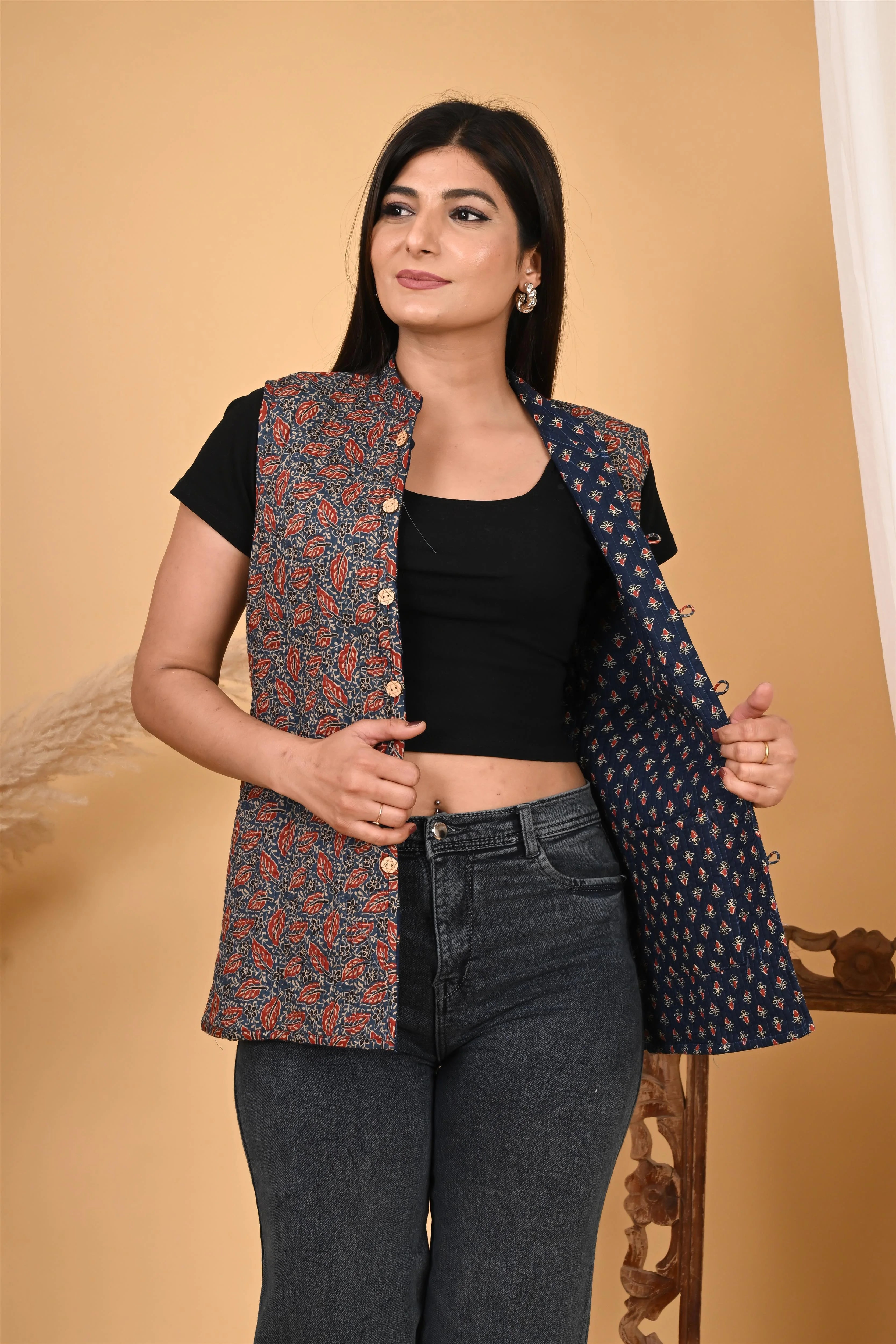 Winter Blue Sleeveless Reversible Jaipuri Cotton Quilted Jackets For Women