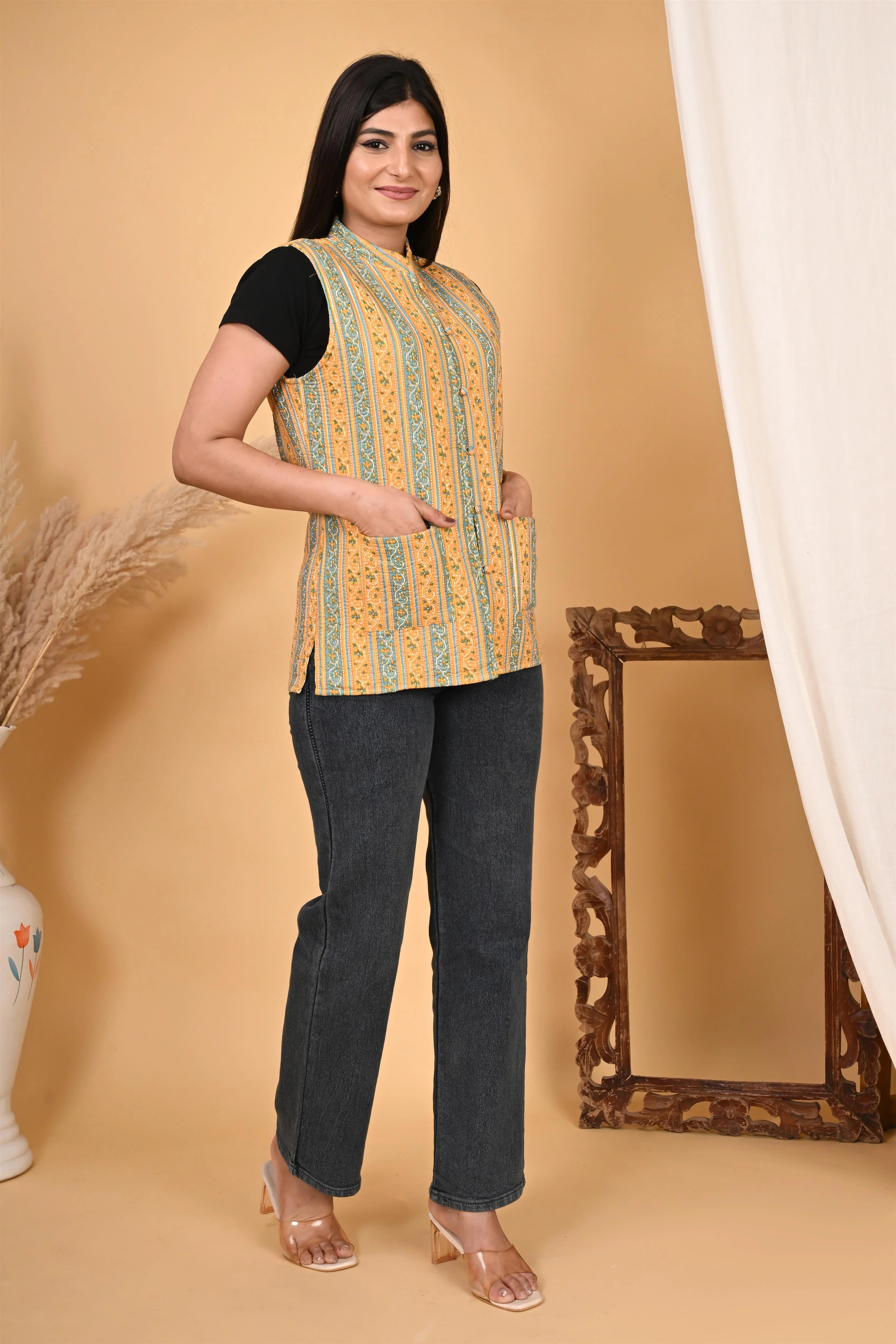 Winter Yellow Sleeveless Reversible Jaipuri Cotton Quilted Jackets For Women