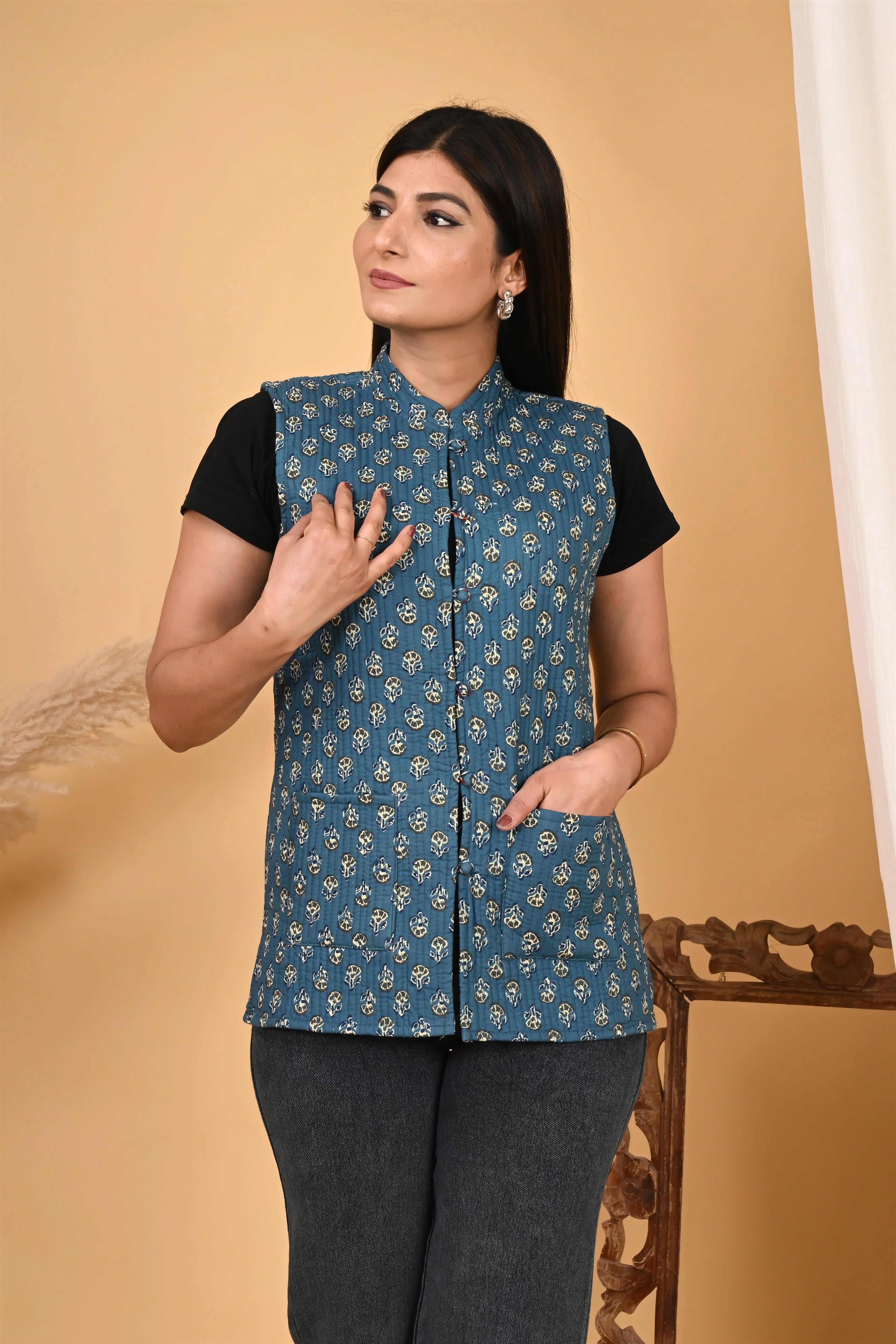 Winter Blue Sleeveless Reversible Jaipuri Cotton Quilted Jackets For Women