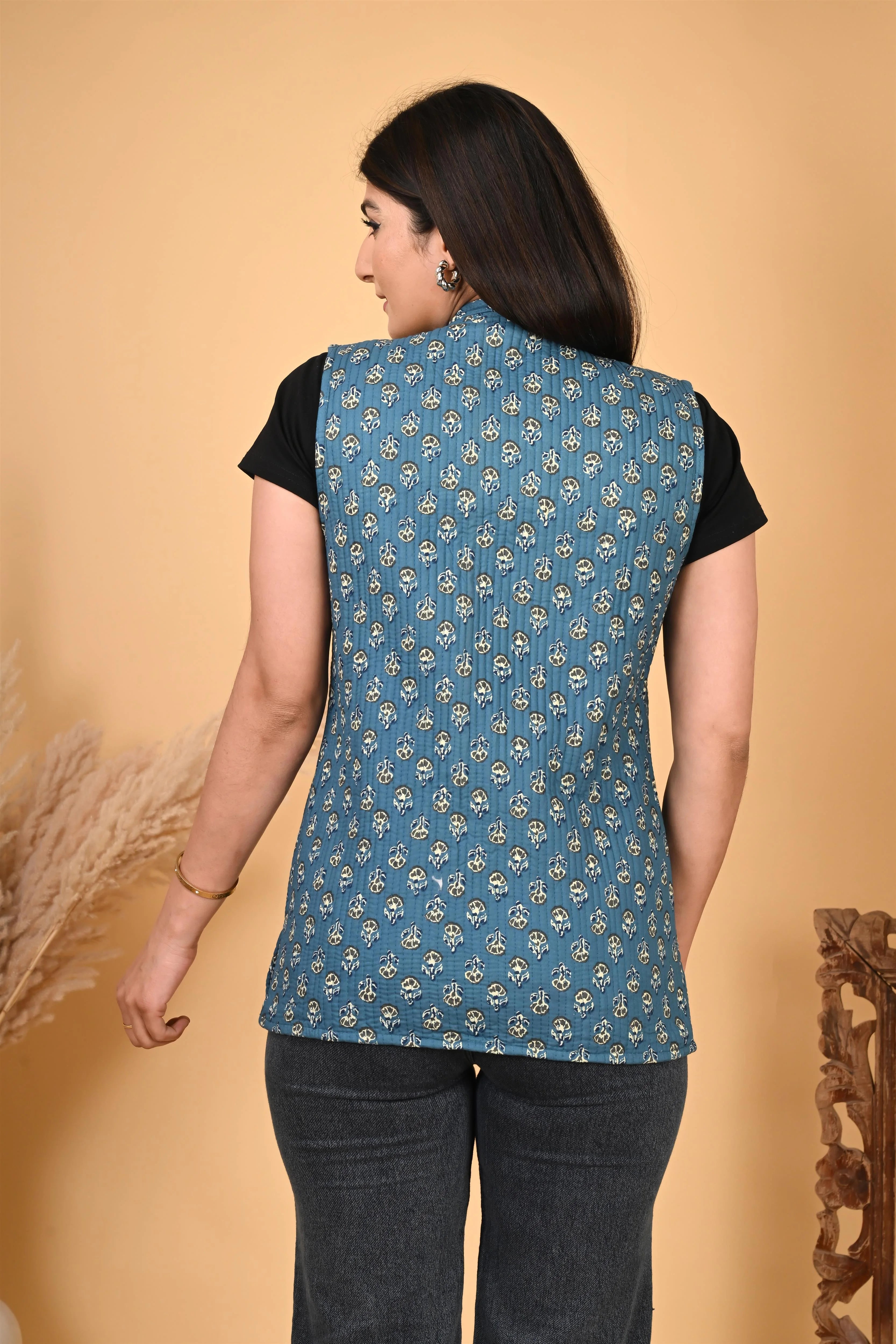 Winter Blue Sleeveless Reversible Jaipuri Cotton Quilted Jackets For Women
