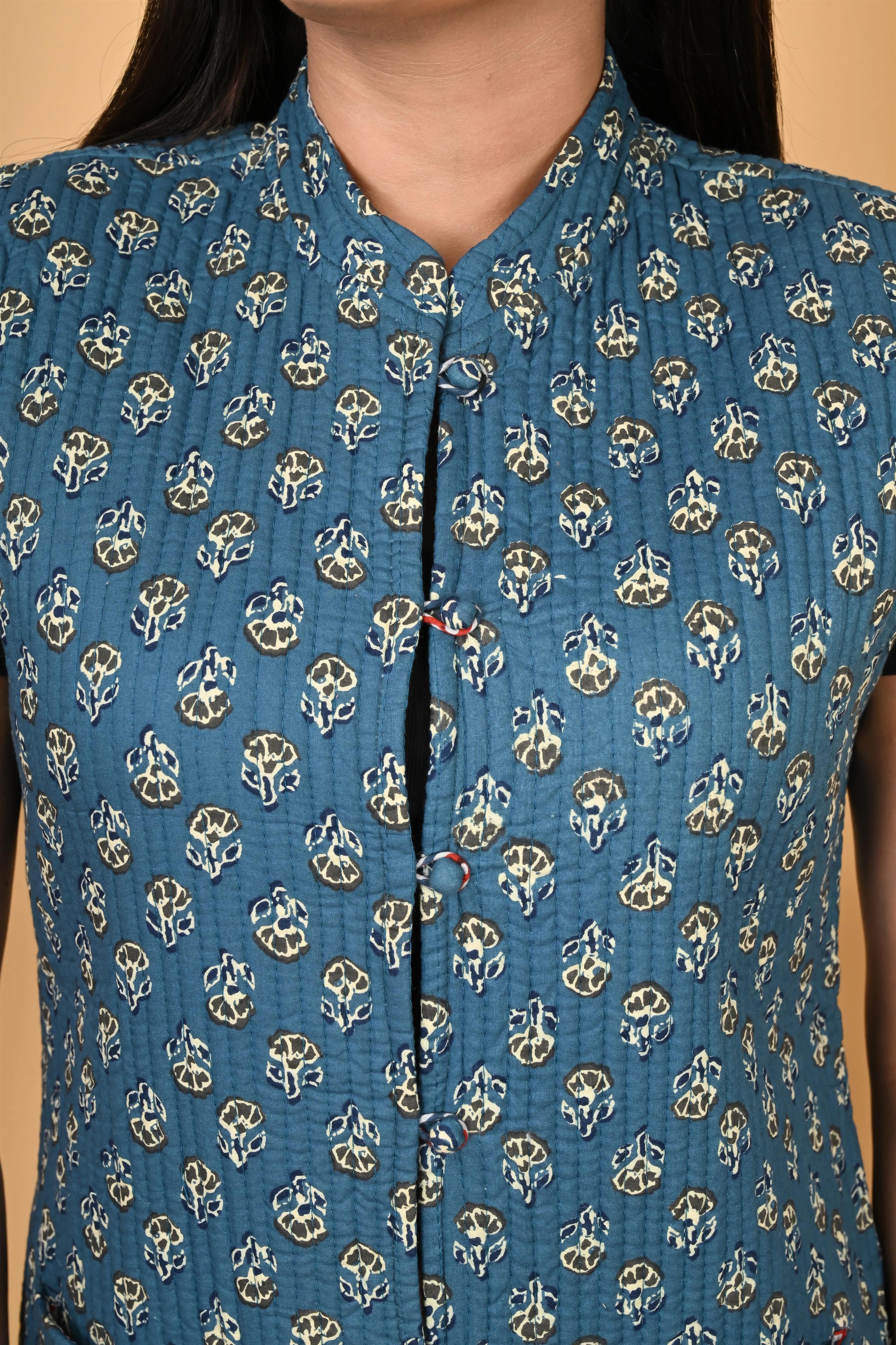 Winter Blue Sleeveless Reversible Jaipuri Cotton Quilted Jackets For Women