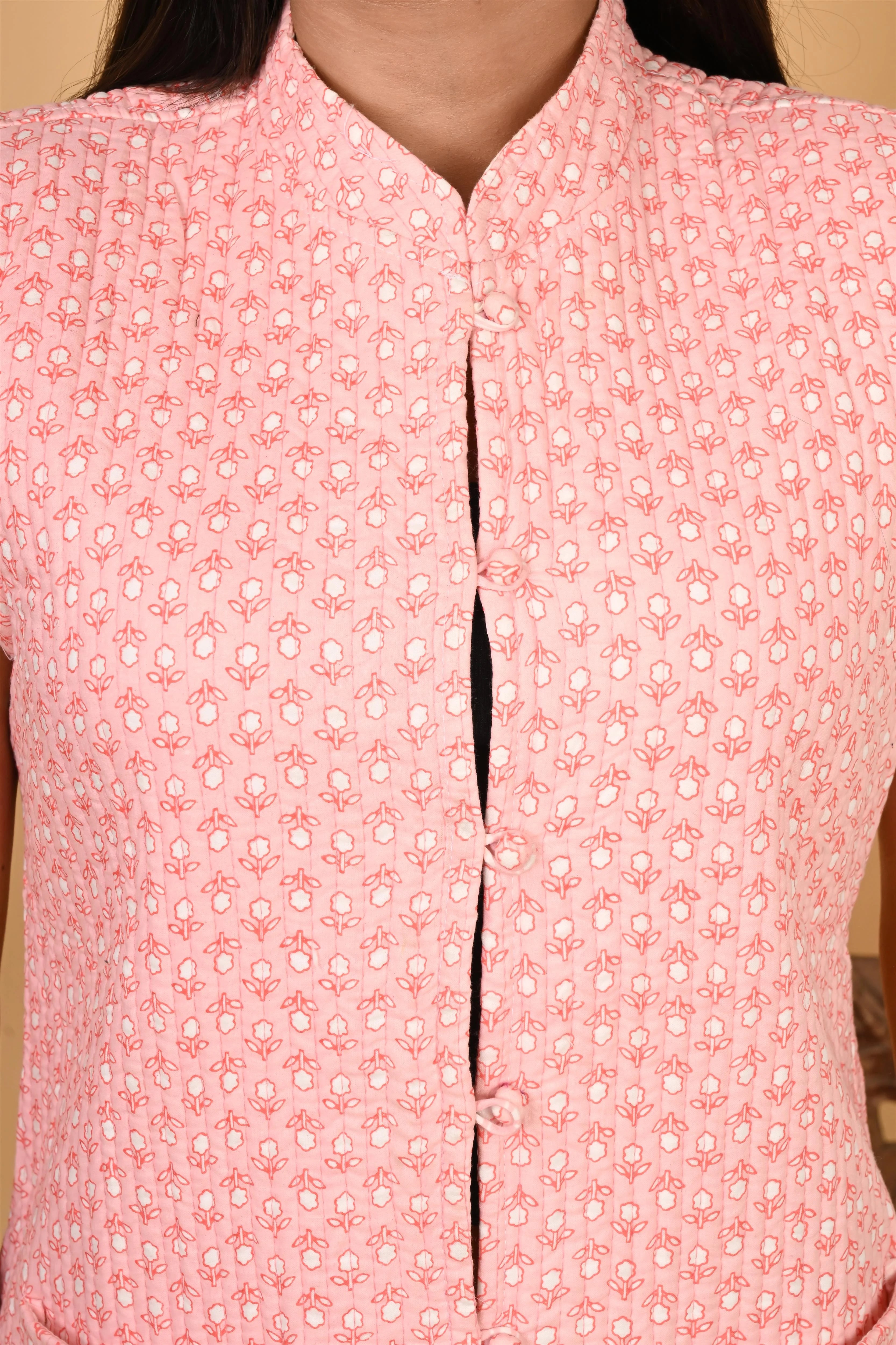 Winter Peach Sleeveless Reversible Jaipuri Cotton Quilted Jackets For Women