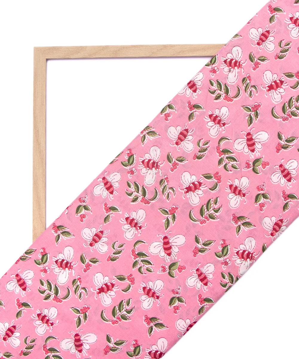 Jaipuri Screen Baby Pink Butterfly Kids Printed Pure Cotton Fabric