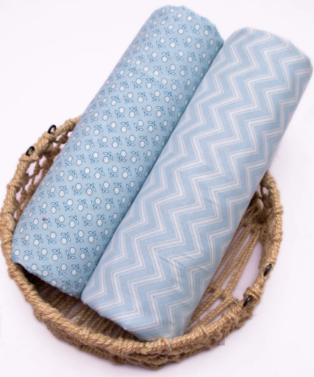 Screen Light Blue Printed Pure Cotton Fabric Set  ( Top and bottom 2.5 meter each )