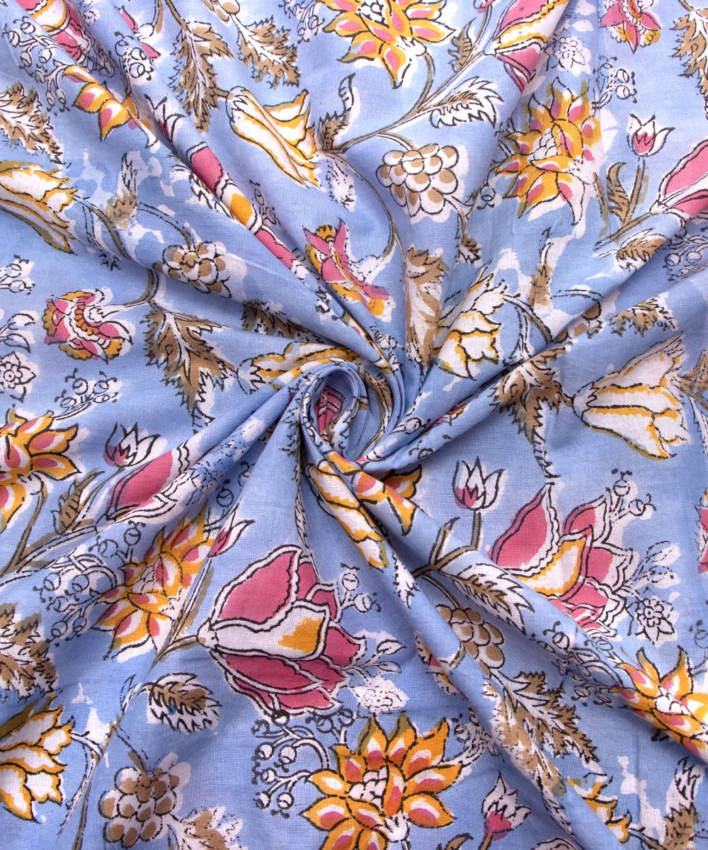 Jaipuri handblock Printed LIght Blue Natural Dye Soft Pure Cotton Fabric