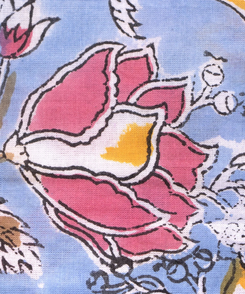 Jaipuri handblock Printed LIght Blue Natural Dye Soft Pure Cotton Fabric