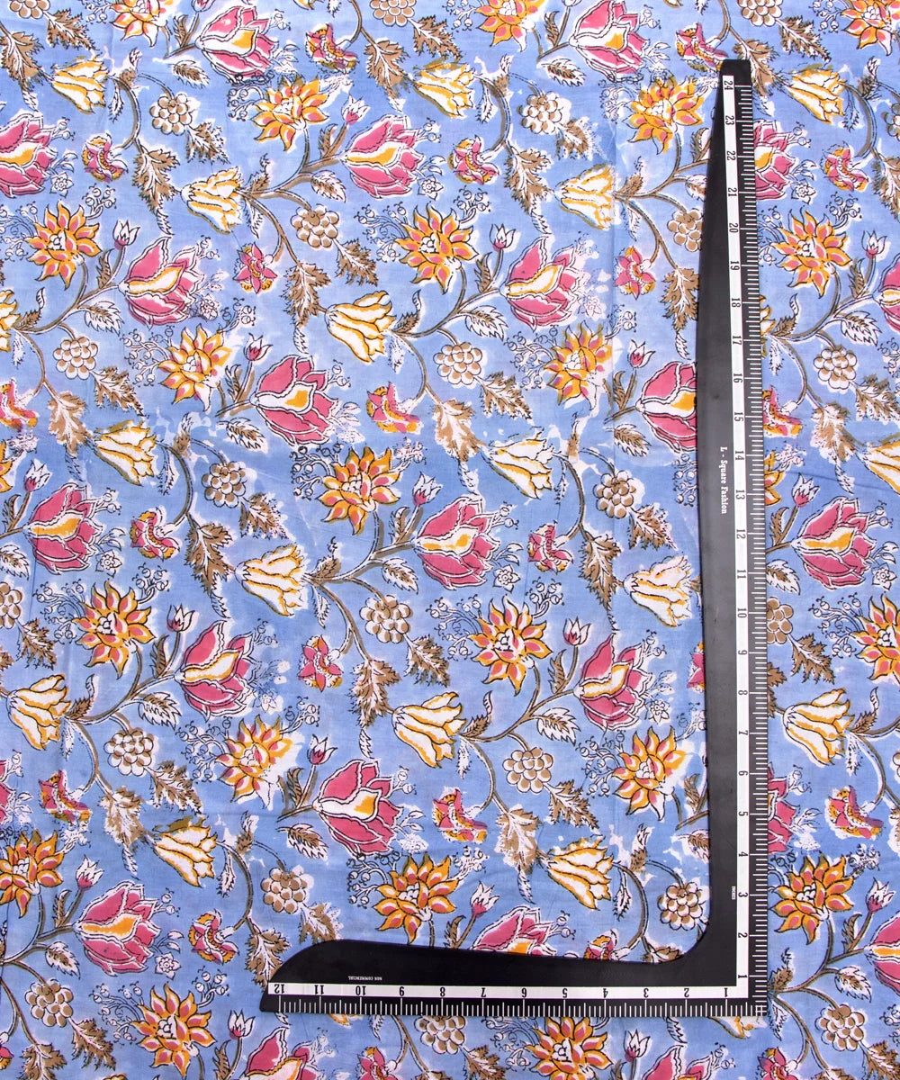 Jaipuri handblock Printed LIght Blue Natural Dye Soft Pure Cotton Fabric