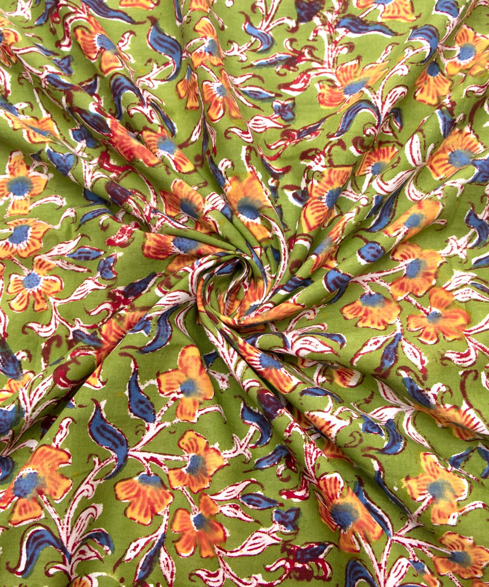 Jaipuri handblock Printed Green Floral Natural Dye Soft Pure Cotton Fabric