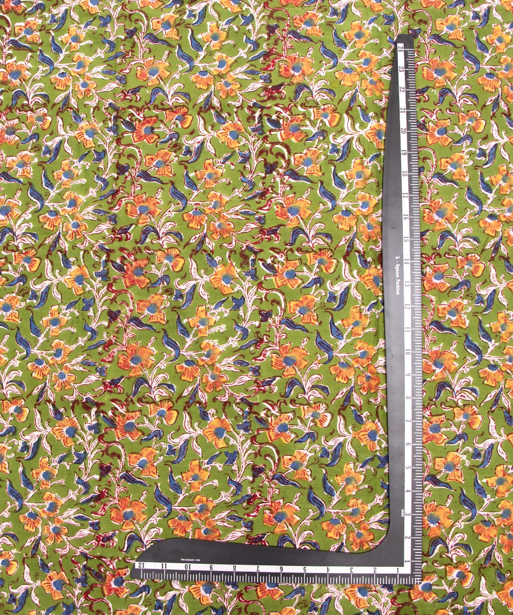Jaipuri handblock Printed Green Floral Natural Dye Soft Pure Cotton Fabric