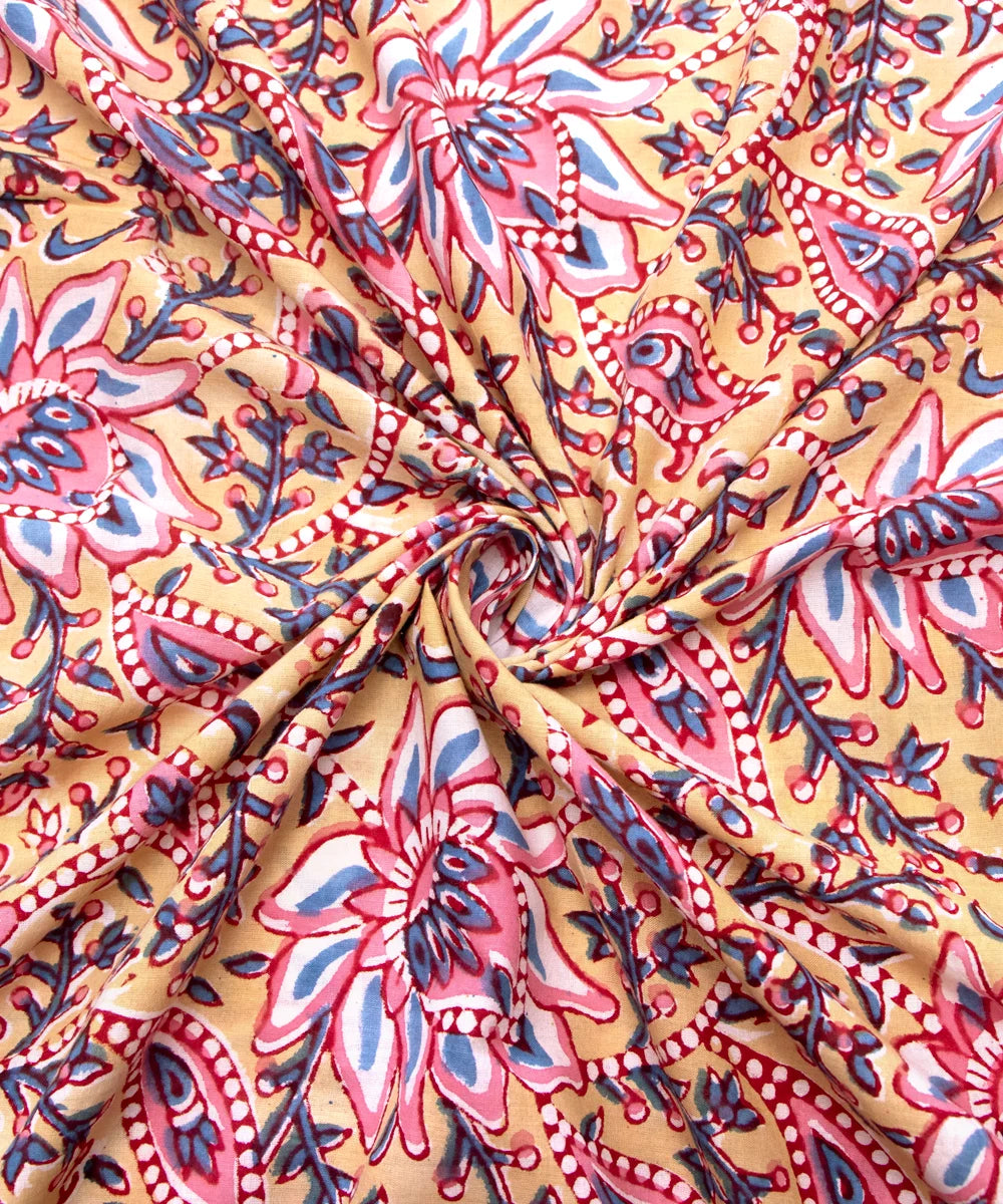 Jaipuri handblock Printed Floral Beige Natural Dye Soft Pure Cotton Fabric